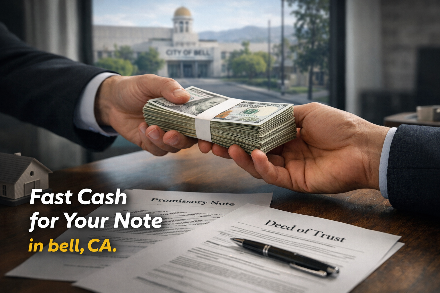 Cash exchange for promissory note and deed of trust during a real estate note sale in Bell, CA.