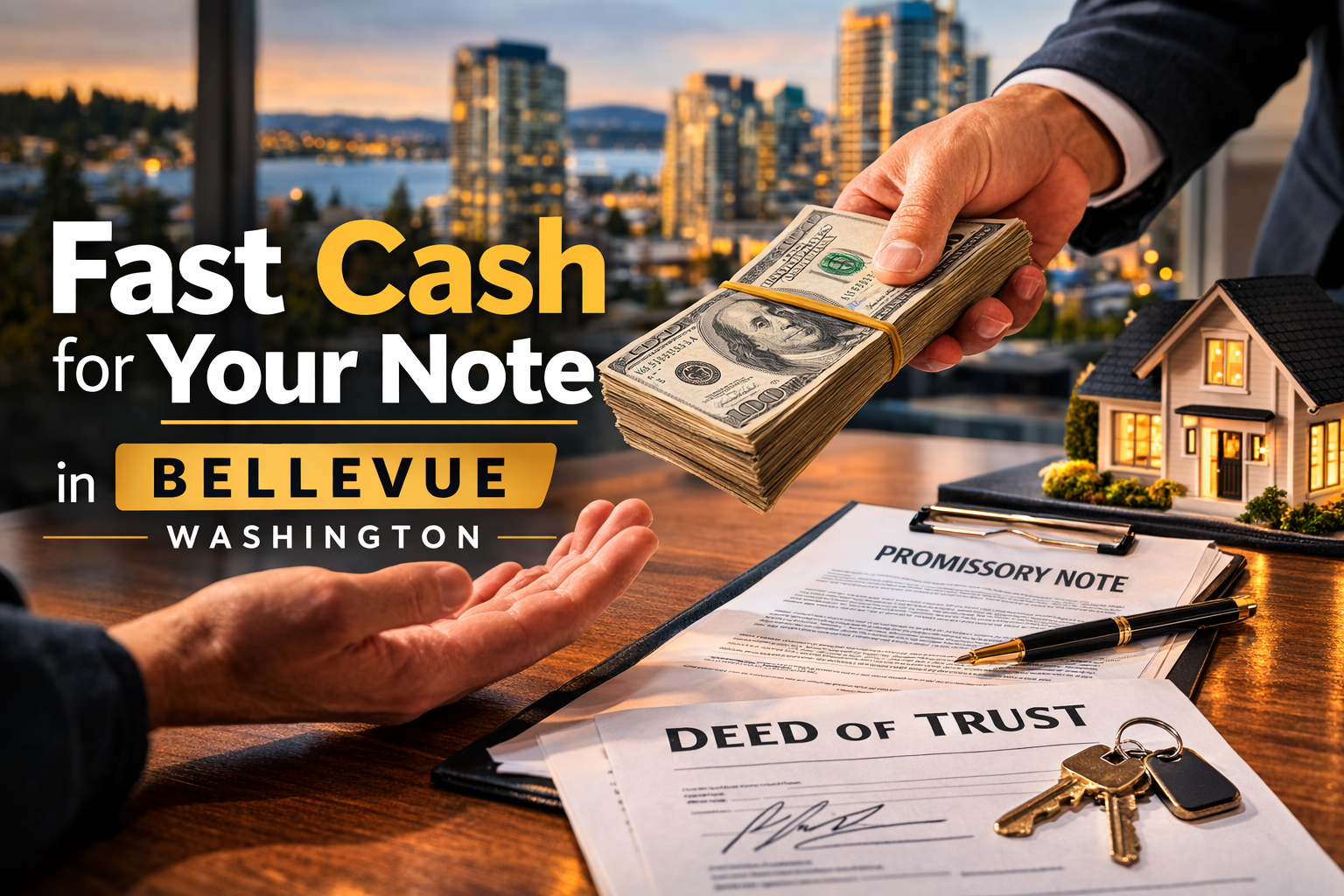 Cash exchange for promissory note and deed of trust during a real estate note sale in Bellevue Washington.