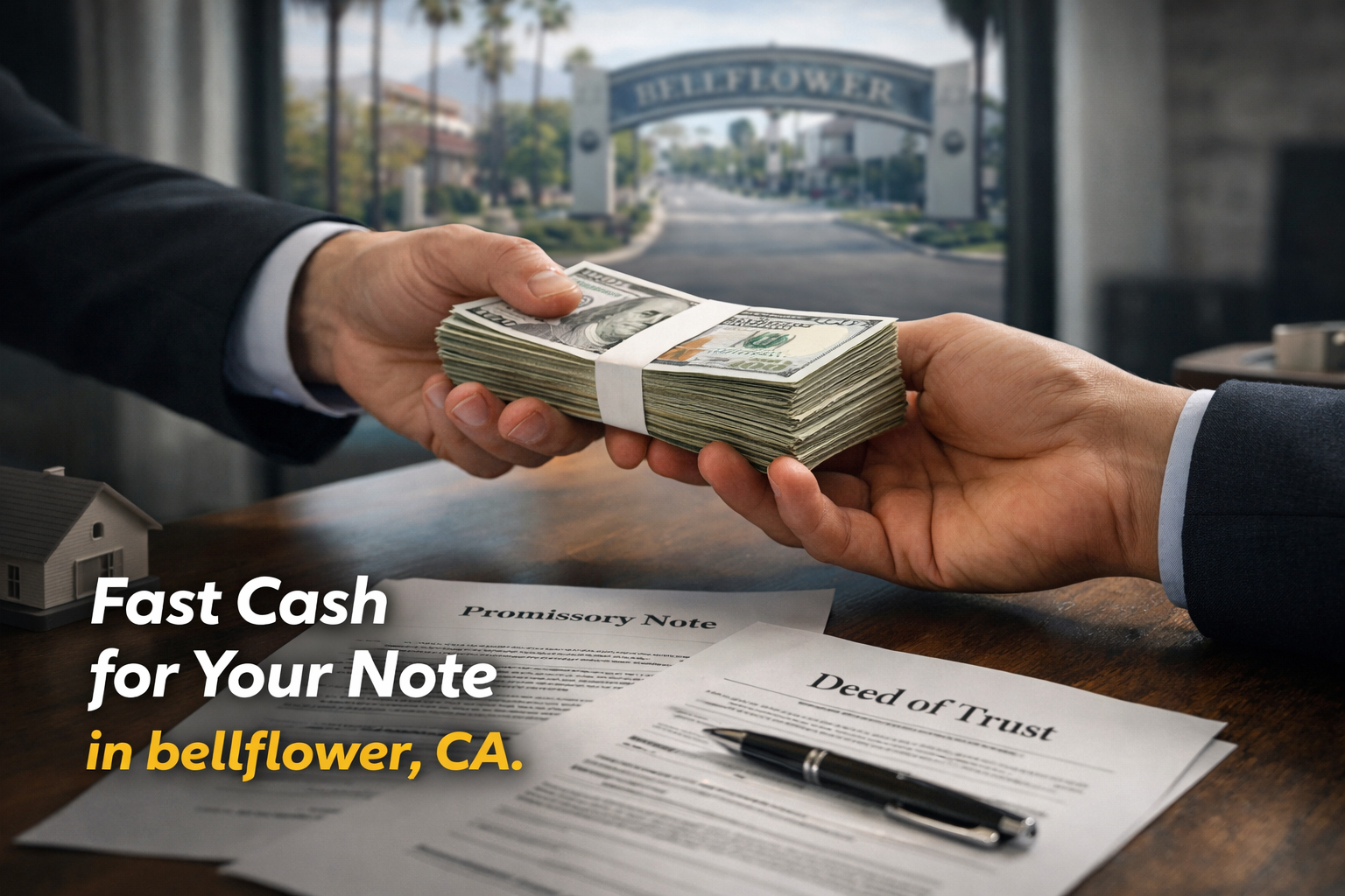 Cash exchange for promissory note and deed of trust during a real estate note sale in Bellflower, CA.