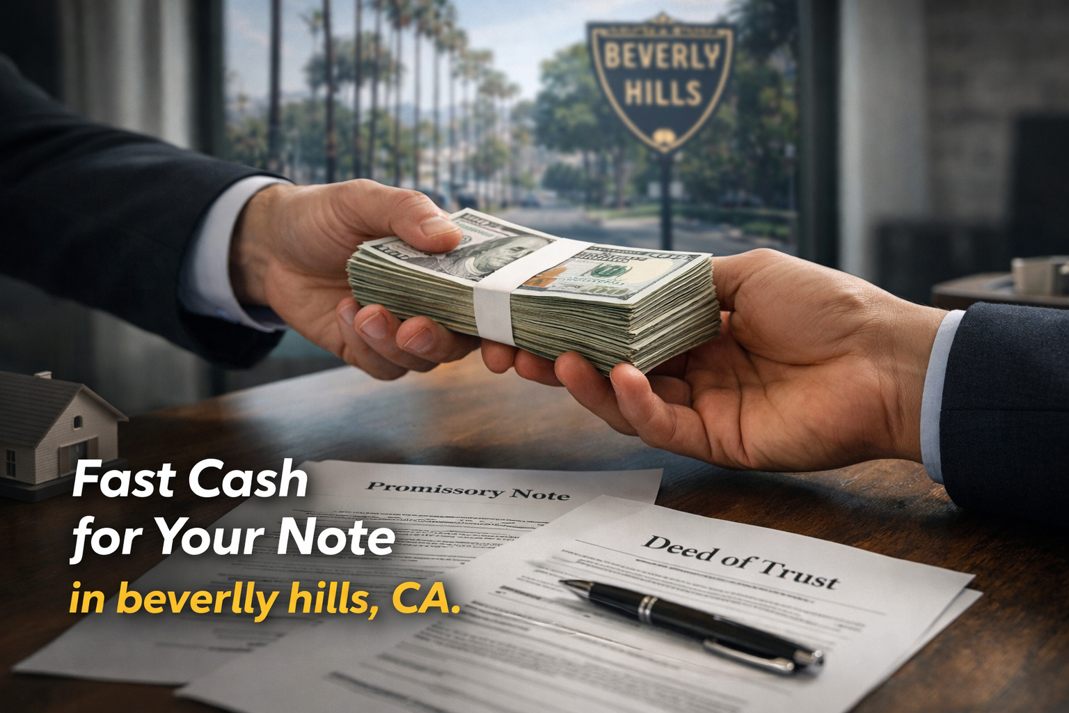 Cash exchange for promissory note and deed of trust during a real estate note sale in Beverly Hills, CA.