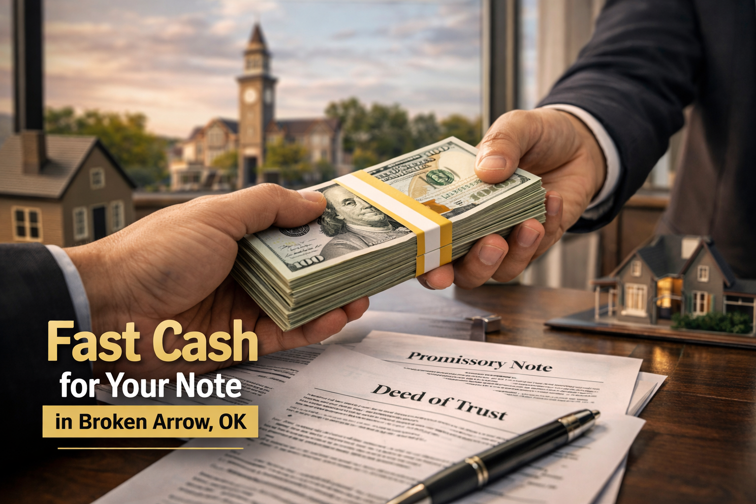Cash exchange for promissory note and deed of trust during a real estate note sale in Broken Arrow, OK.