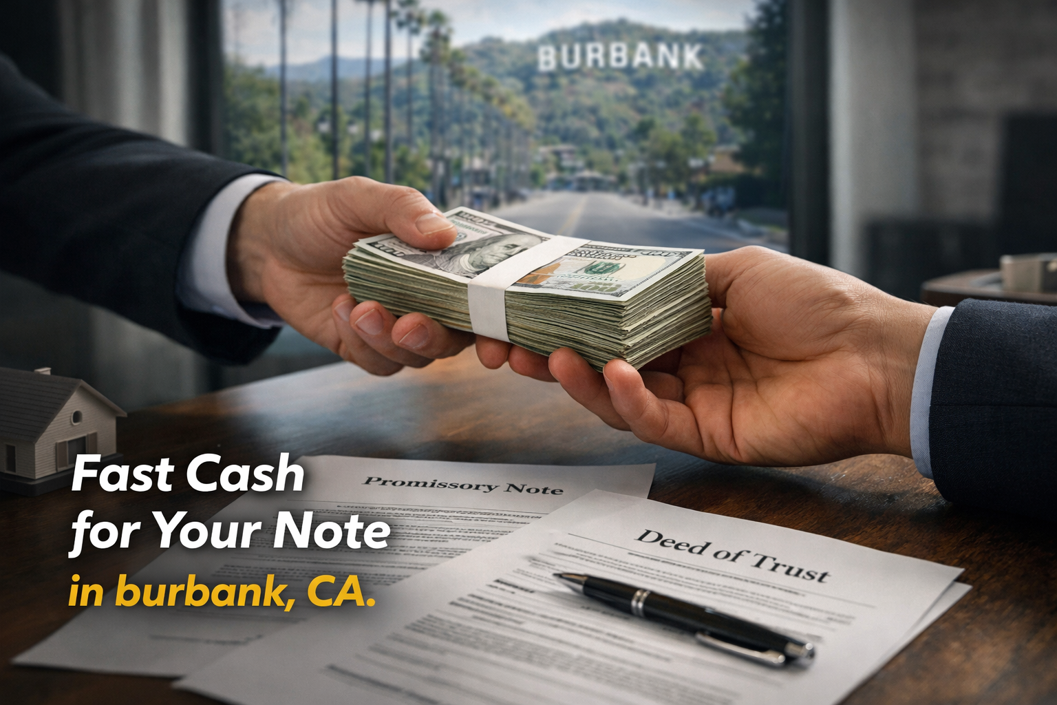 Cash exchange for promissory note and deed of trust during a real estate note sale in Burbank, CA.