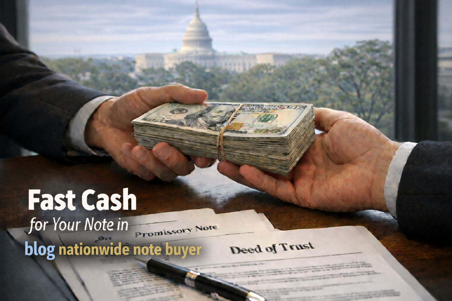 Cash exchange for promissory note and deed of trust with a nationwide real estate note buyer.