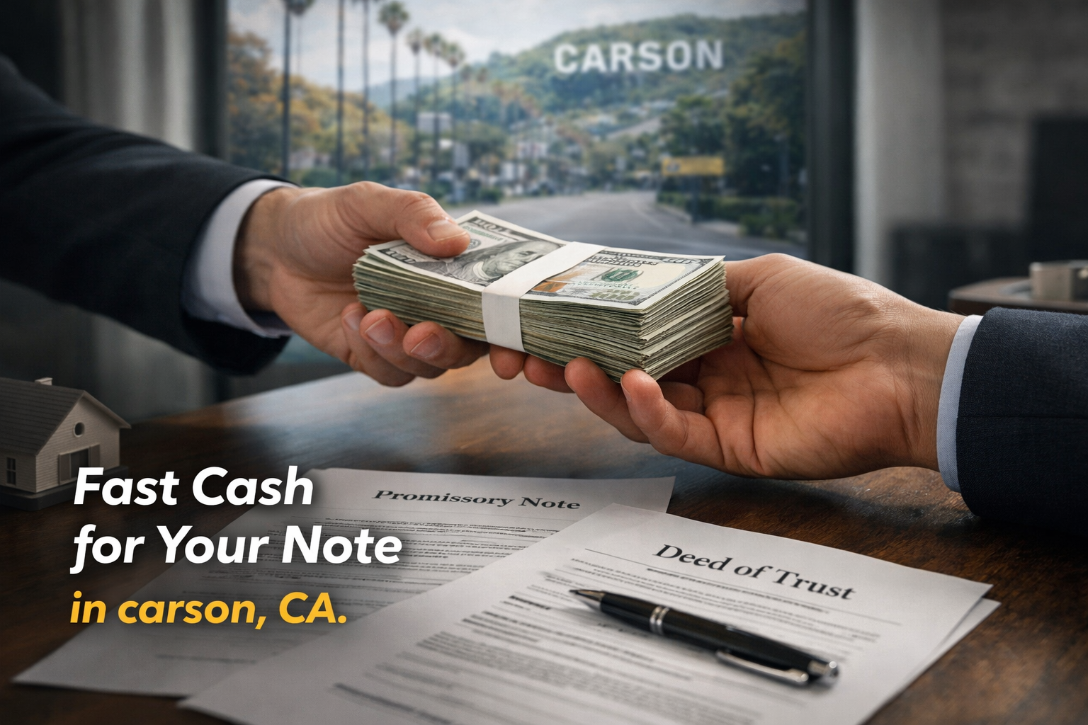 Cash exchange for promissory note and deed of trust during a real estate note sale in Carson, CA.