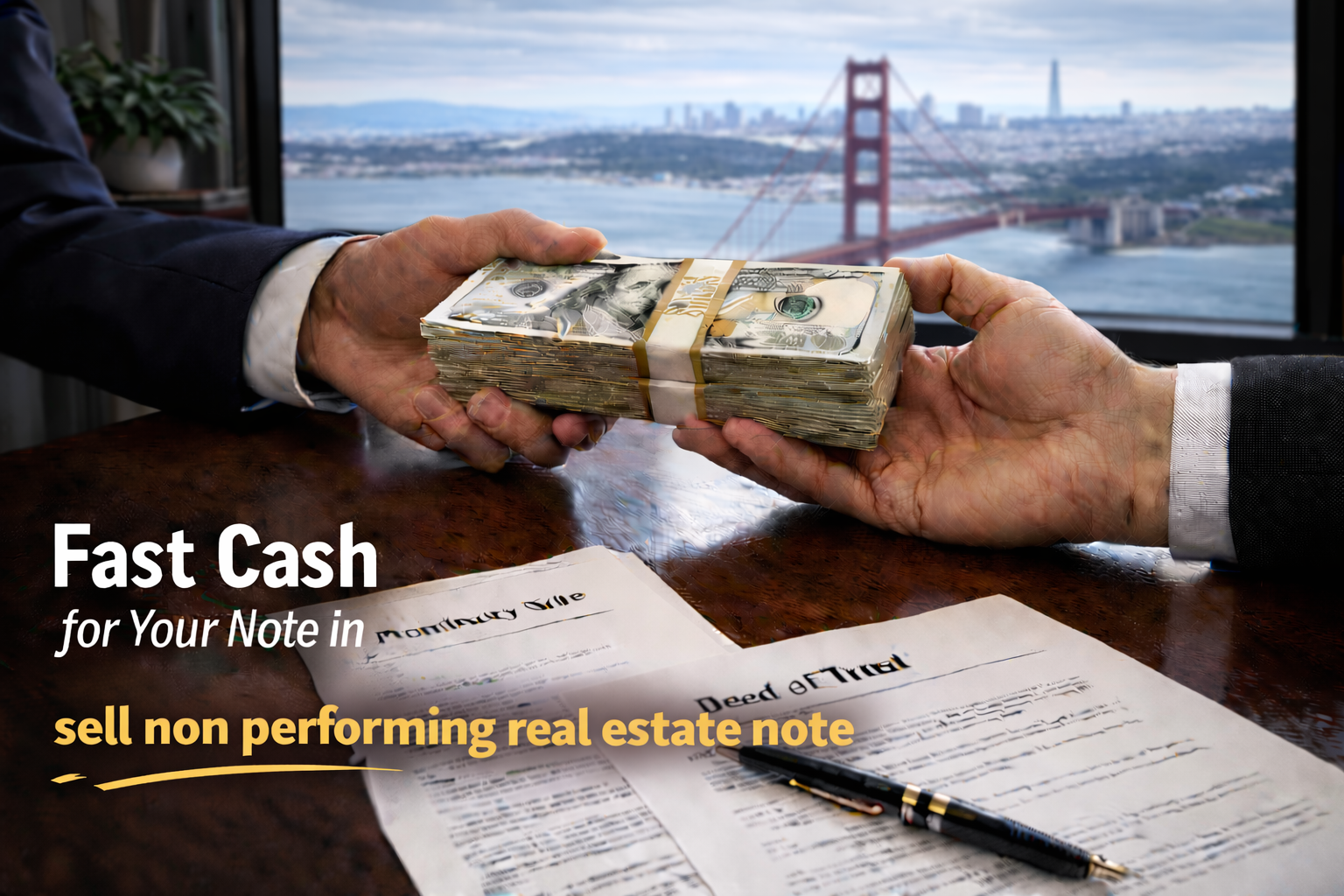 Cash exchange for promissory note and deed of trust for sellers of non performing real estate note.