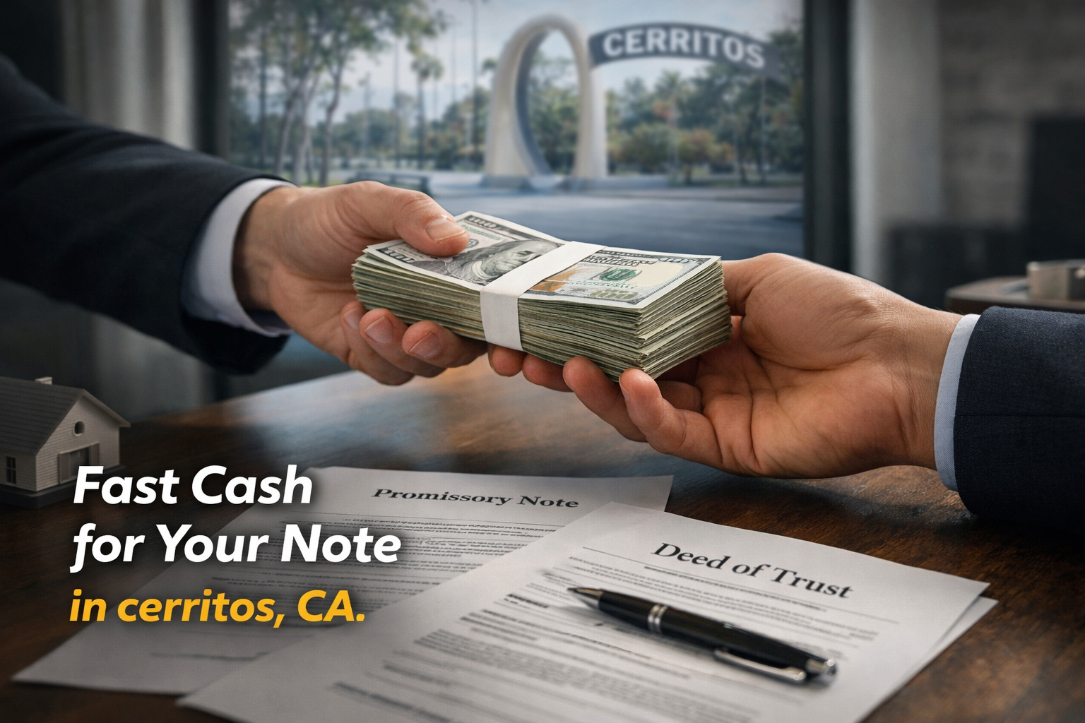 Cash exchange for promissory note and deed of trust during a real estate note sale in Cerritos, CA.