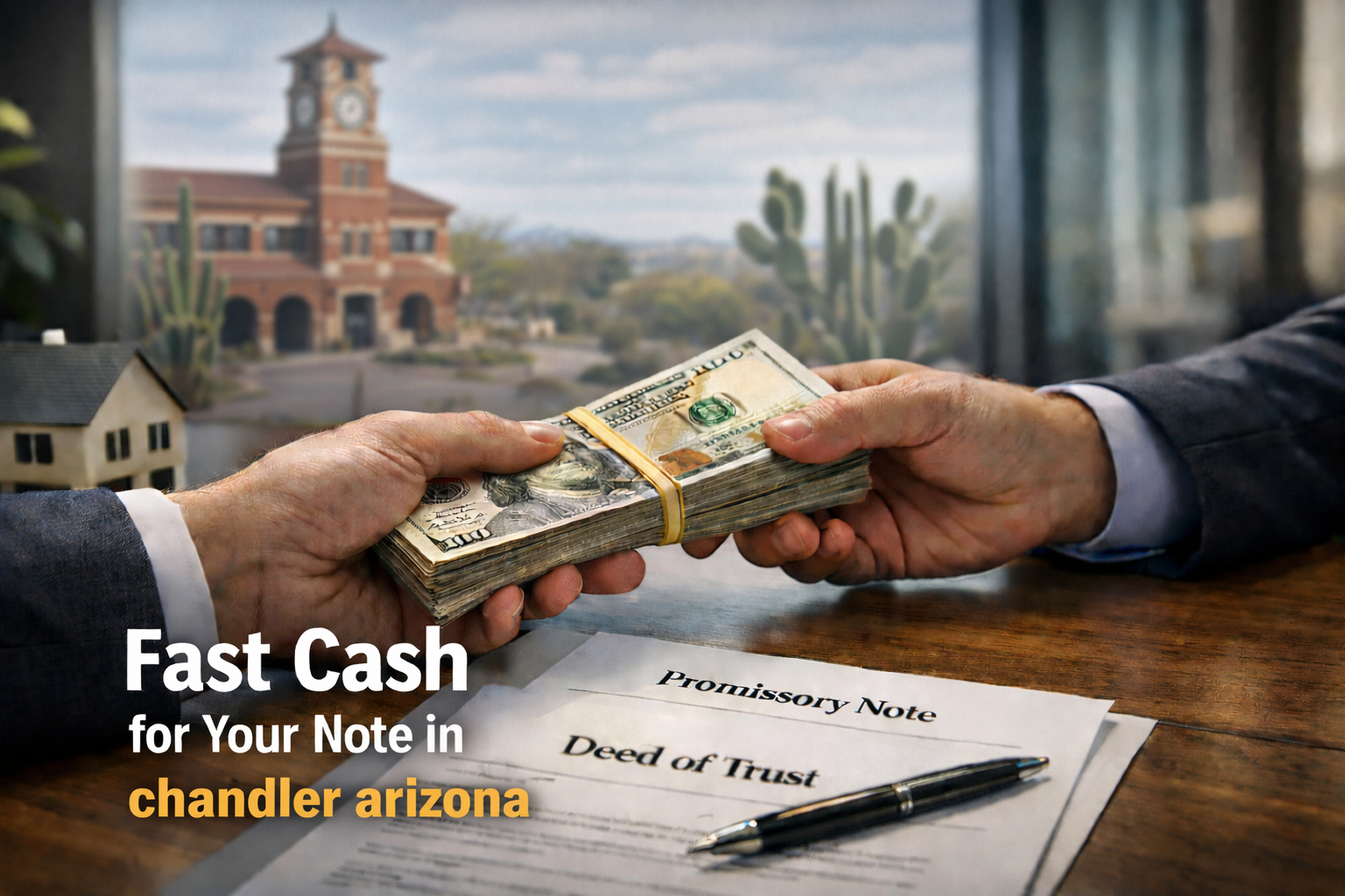 Cash exchange for promissory note and deed of trust during a real estate note sale in Chandler Arizona.