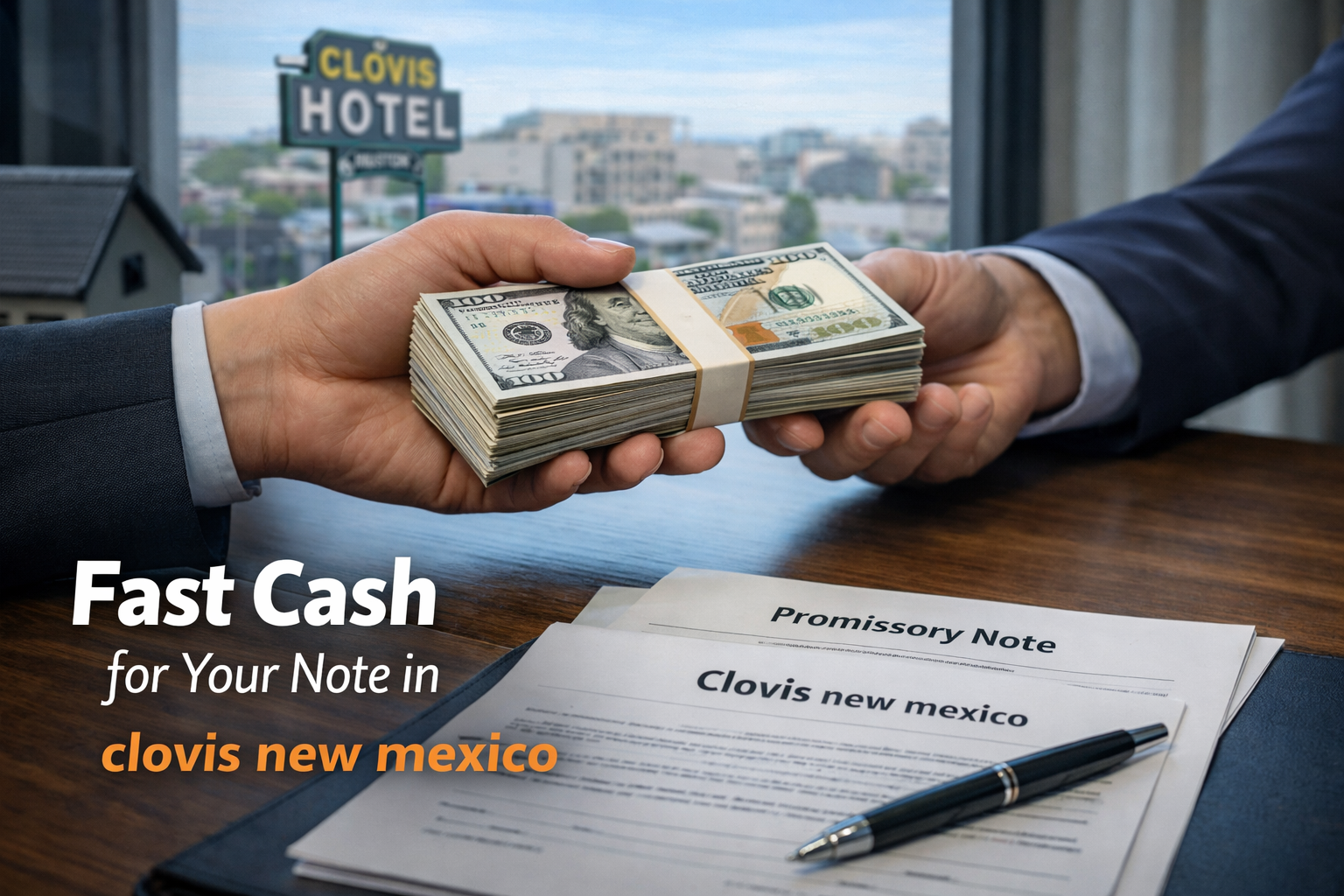 Cash exchange for promissory note and deed of trust during a real estate note sale in Clovis New Mexico.