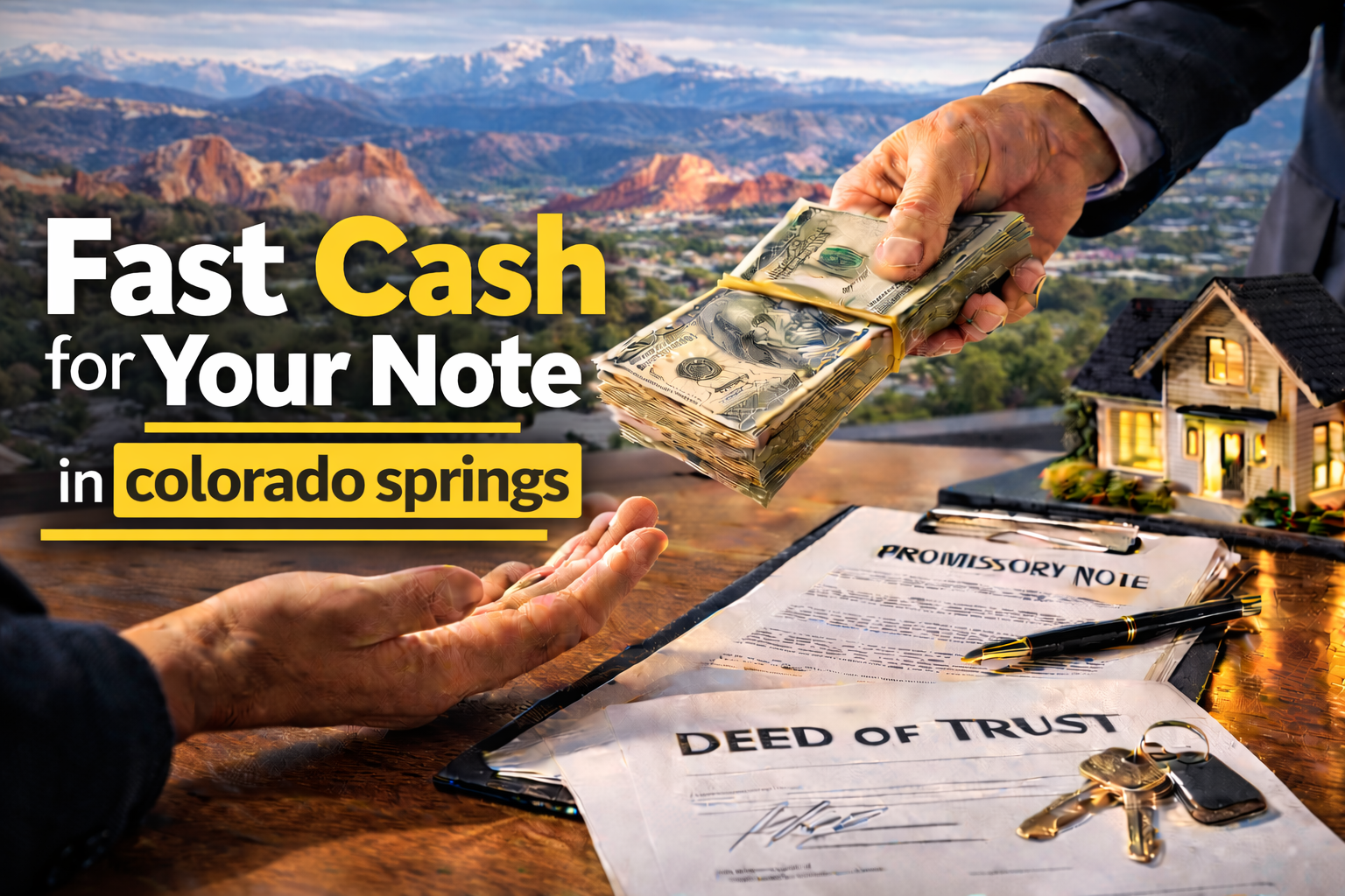 Cash exchange for promissory note and deed of trust during a real estate note sale in Colorado Springs Colorado.