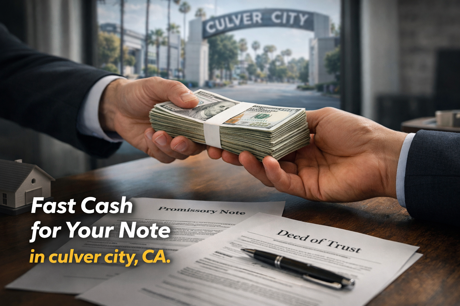 Cash exchange for promissory note and deed of trust during a real estate note sale in Culver City, CA.