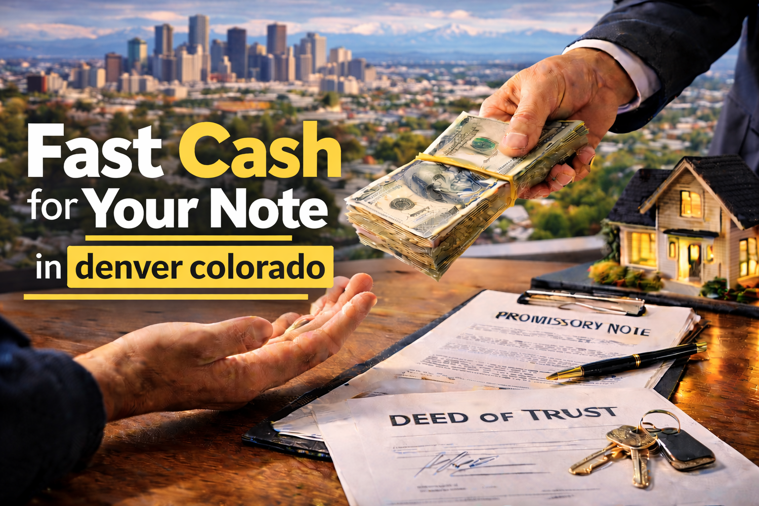 Cash exchange for promissory note and deed of trust during a real estate note sale in Denver Colorado.