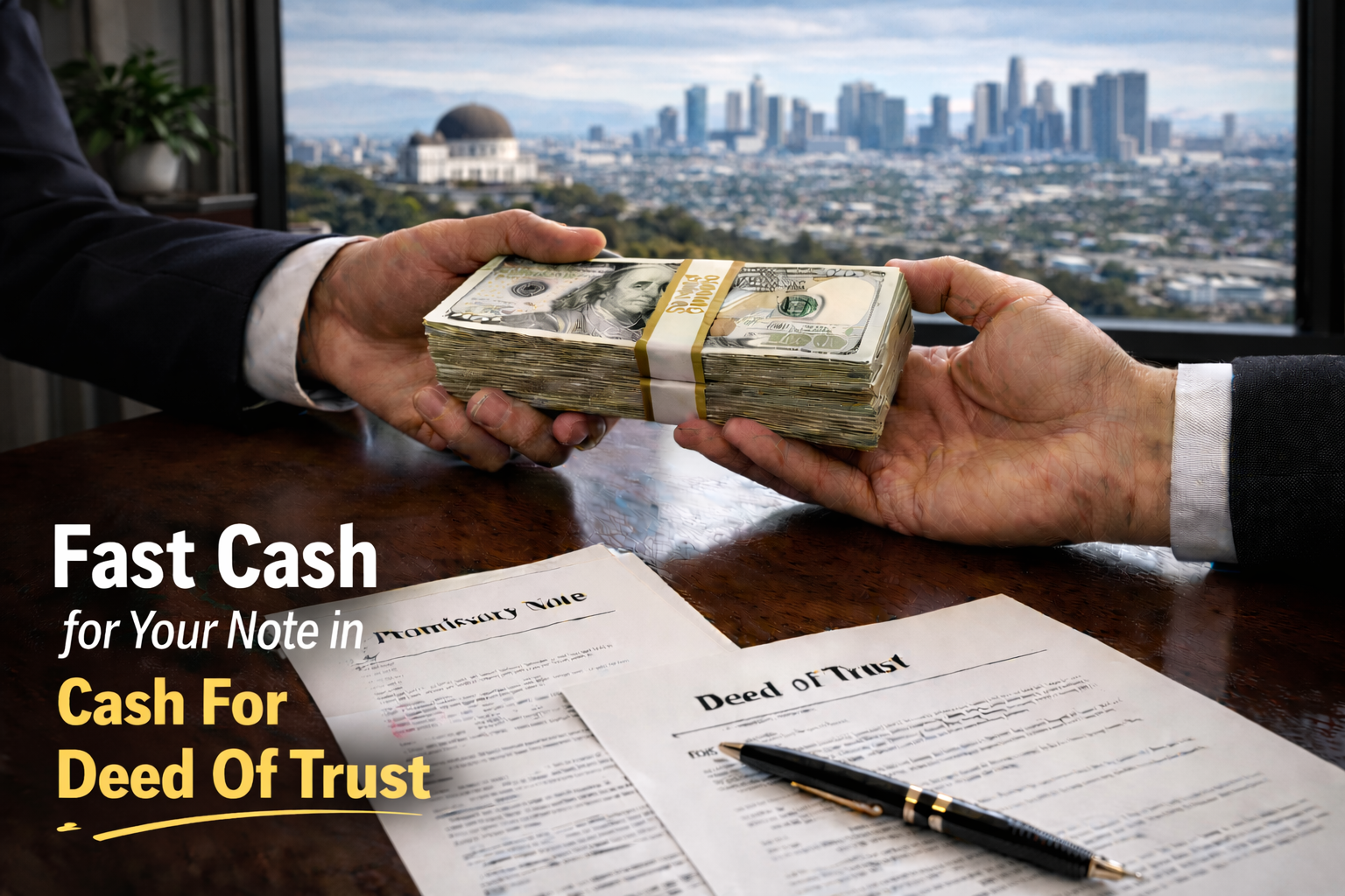 Cash exchange for promissory note and deed of trust for sellers seeking cash for deed of trust.