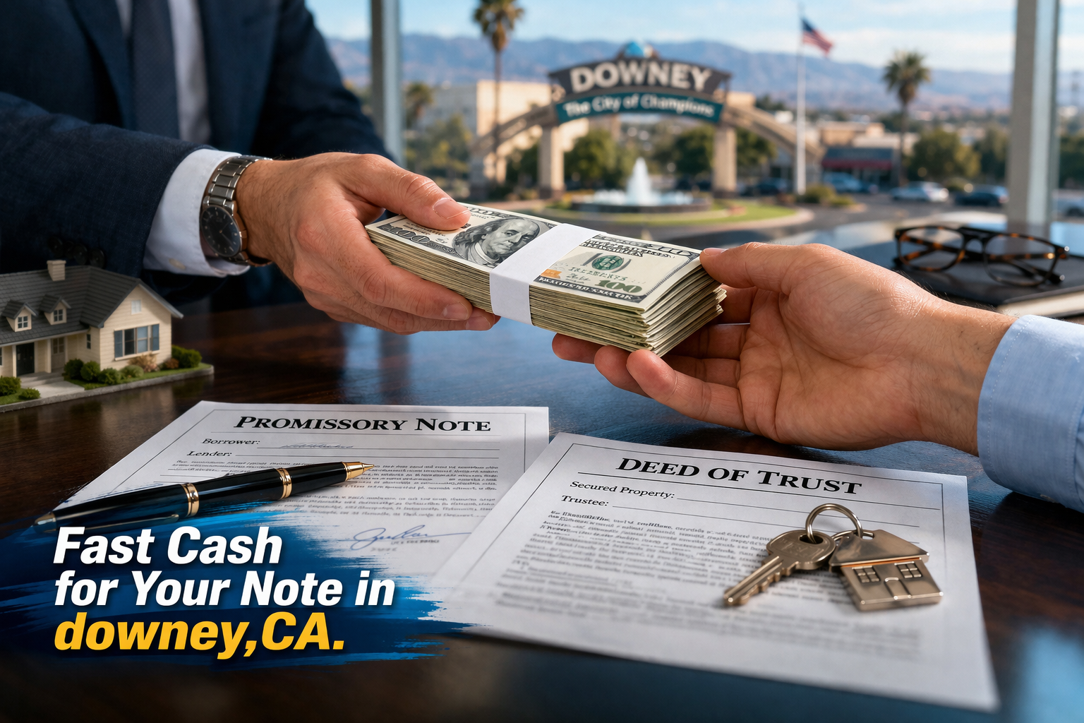 Cash exchange for promissory note and deed of trust during a real estate note sale in Downey, CA.