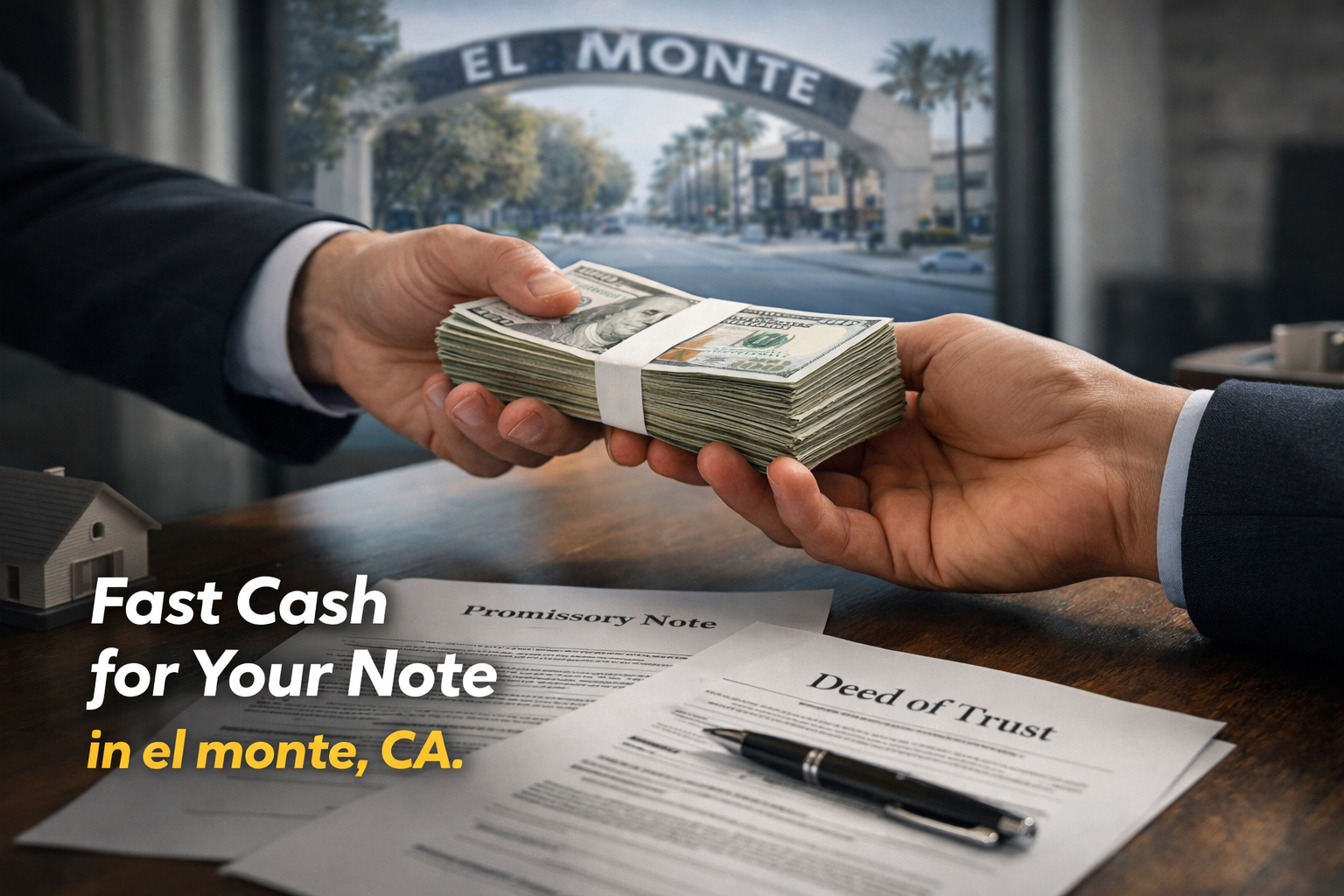 Cash exchange for promissory note and deed of trust during a real estate note sale in El Monte, CA.