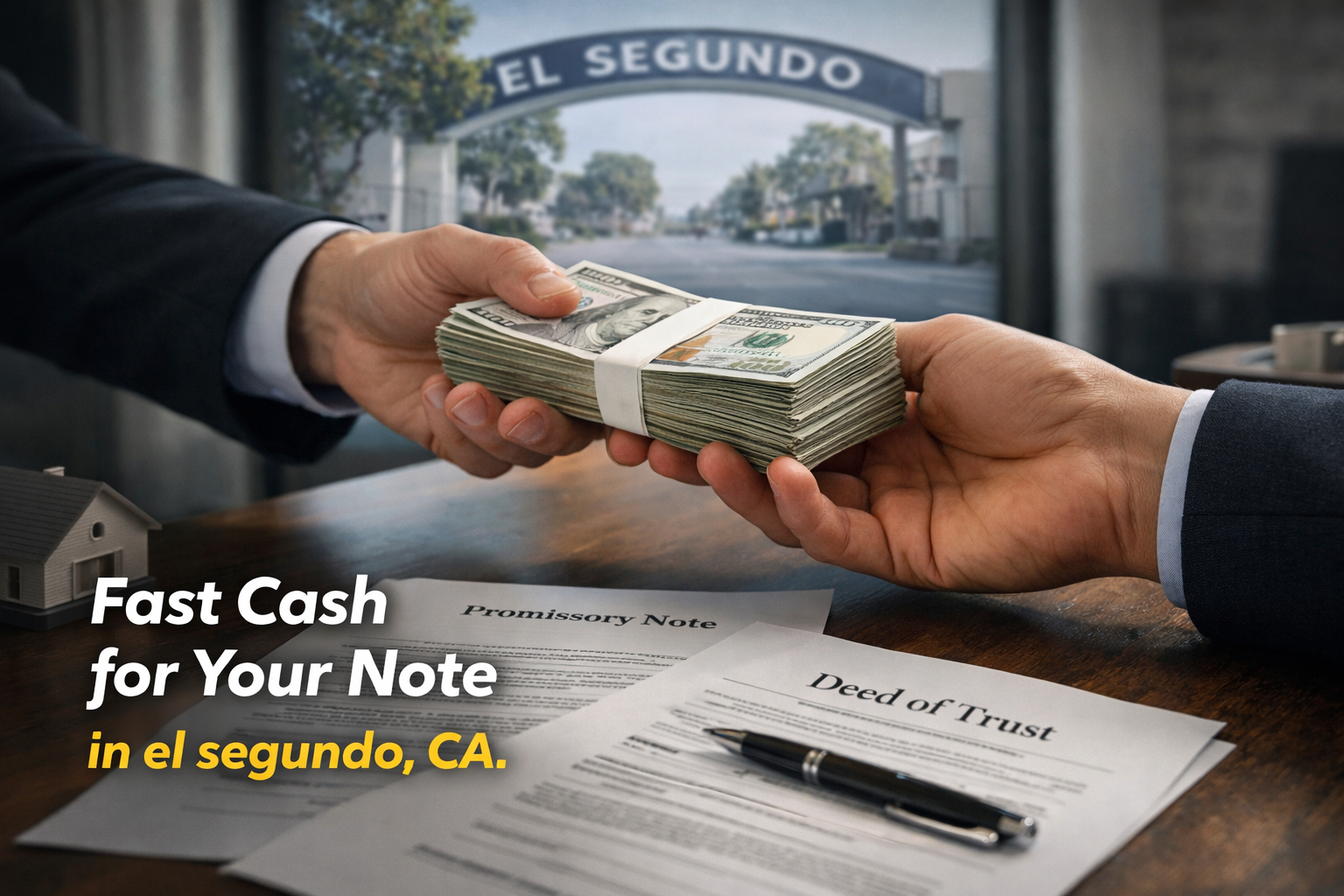 Cash exchange for promissory note and deed of trust during a real estate note sale in El Segundo, CA.