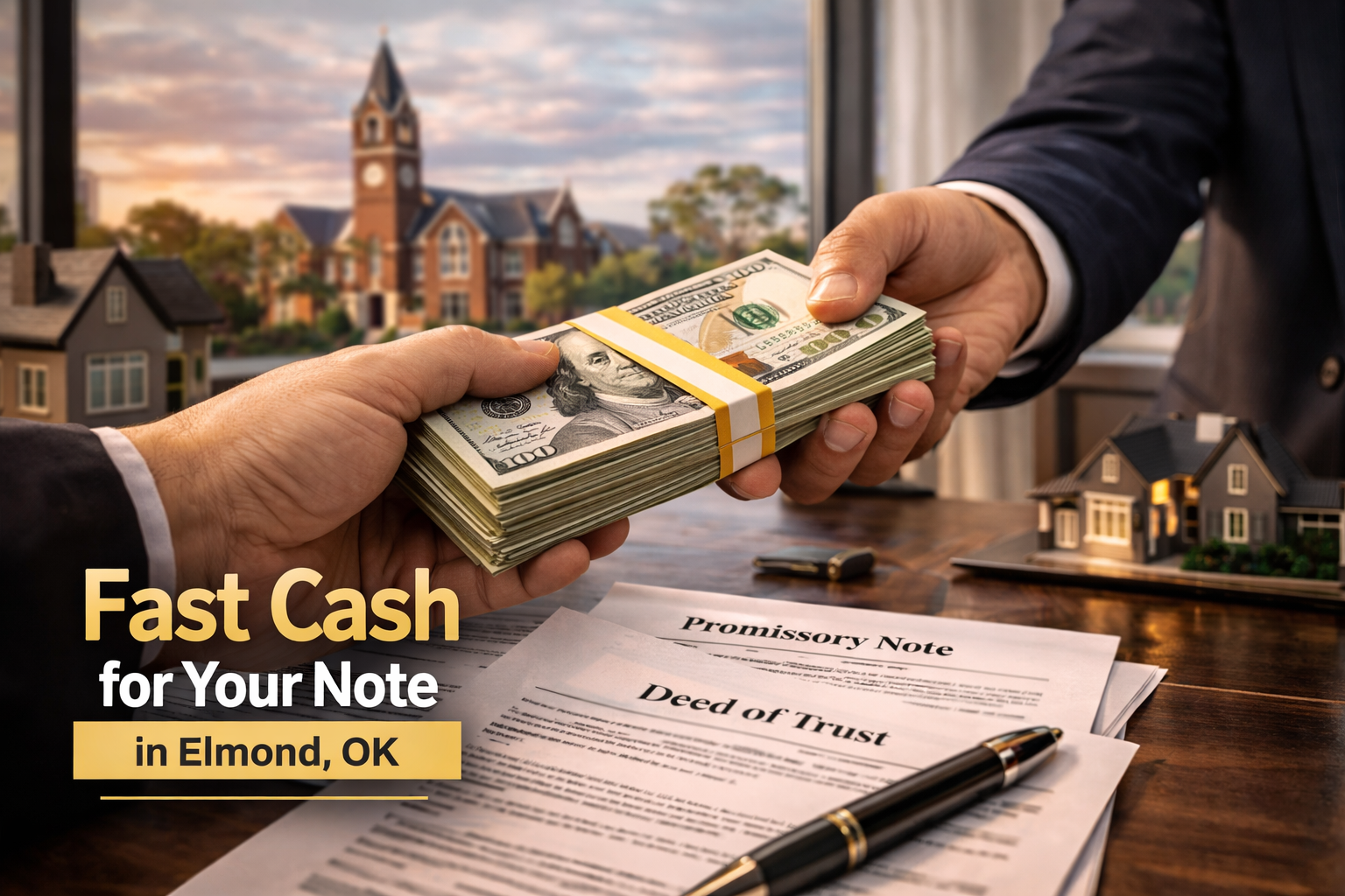 Cash exchange for promissory note and deed of trust during a real estate note sale in Edmond, OK.