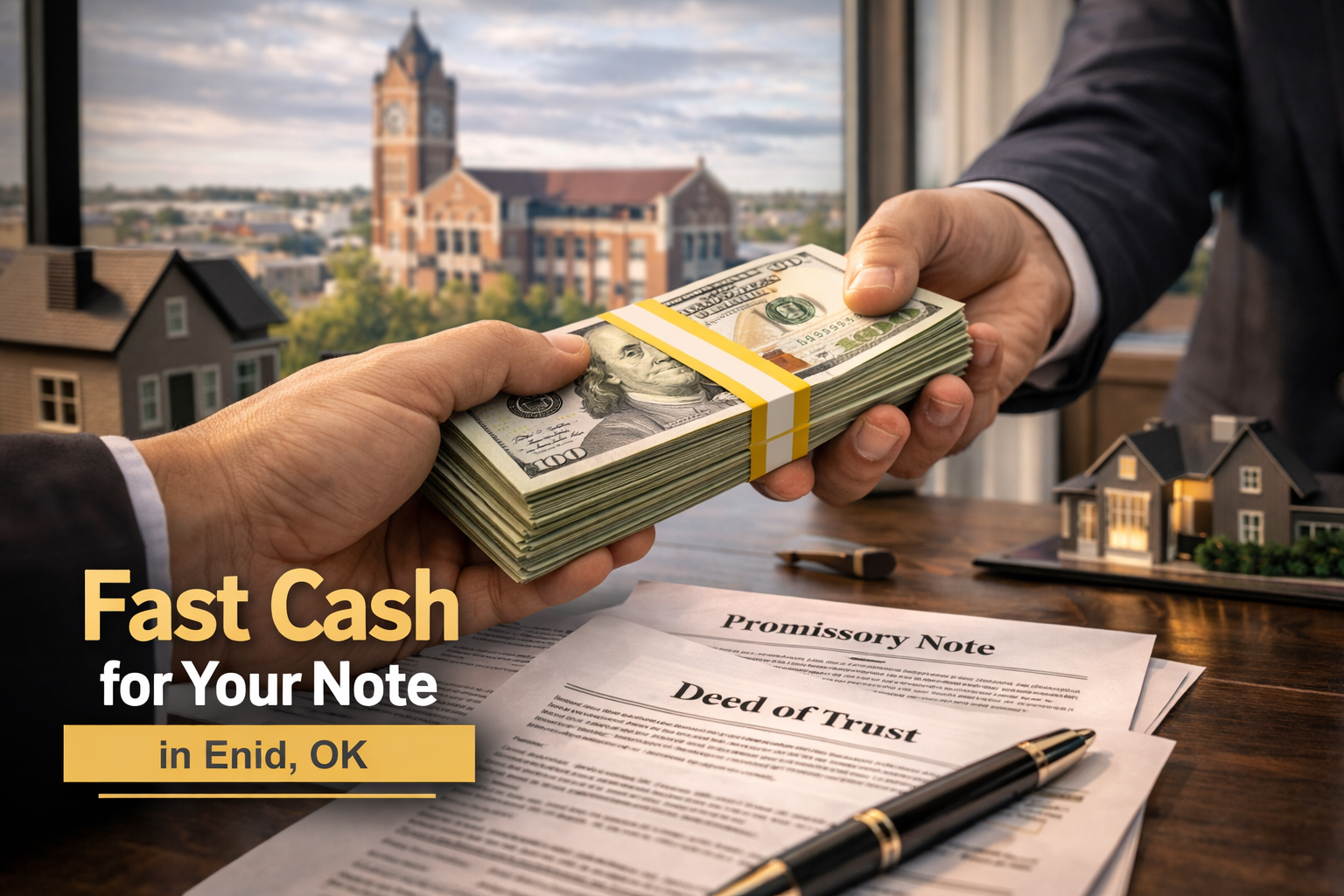 Cash exchange for promissory note and deed of trust during a real estate note sale in Enid, OK.