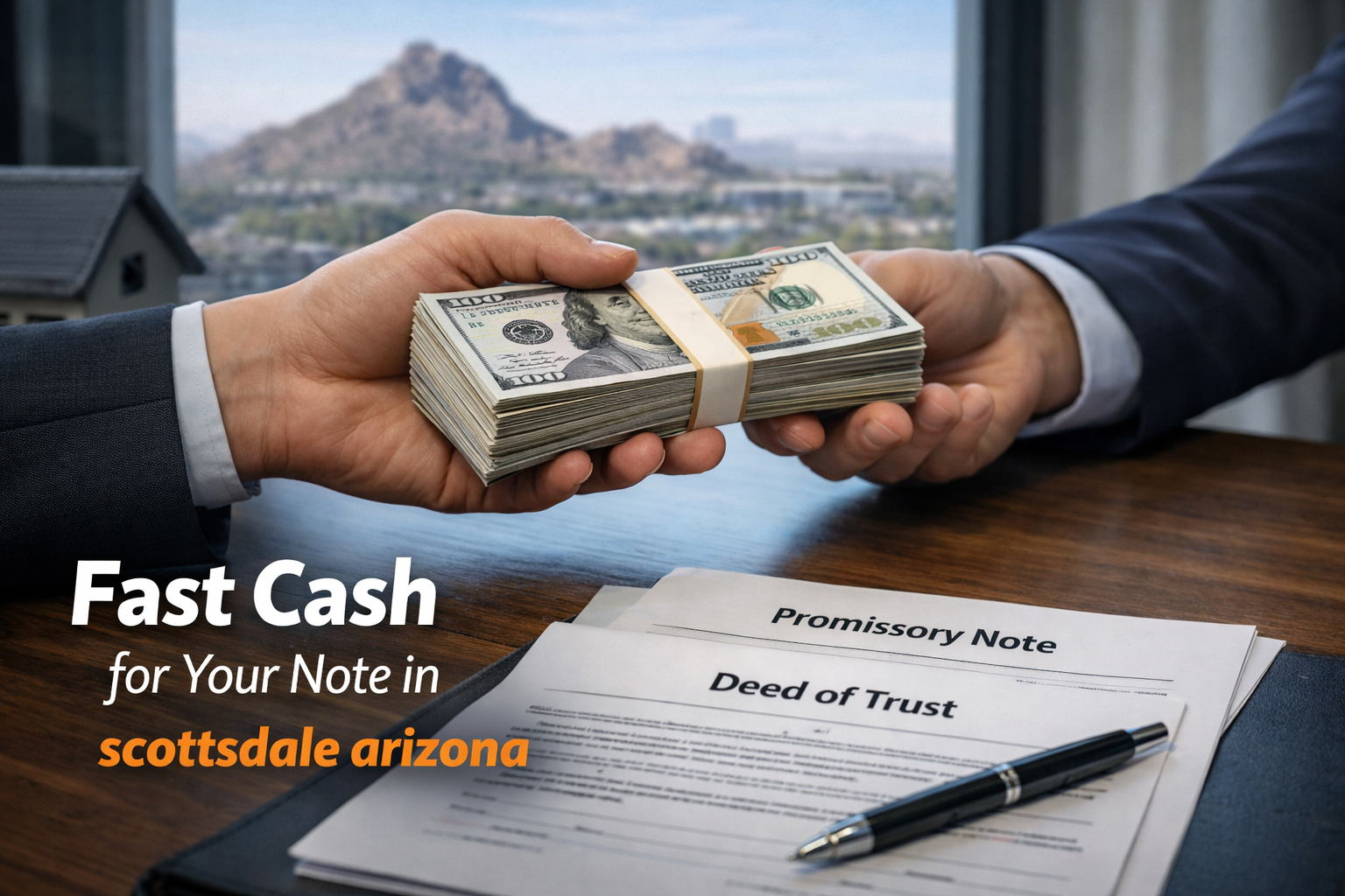 Cash exchange for promissory note and deed of trust during a real estate note sale in Scottsdale Arizona.
