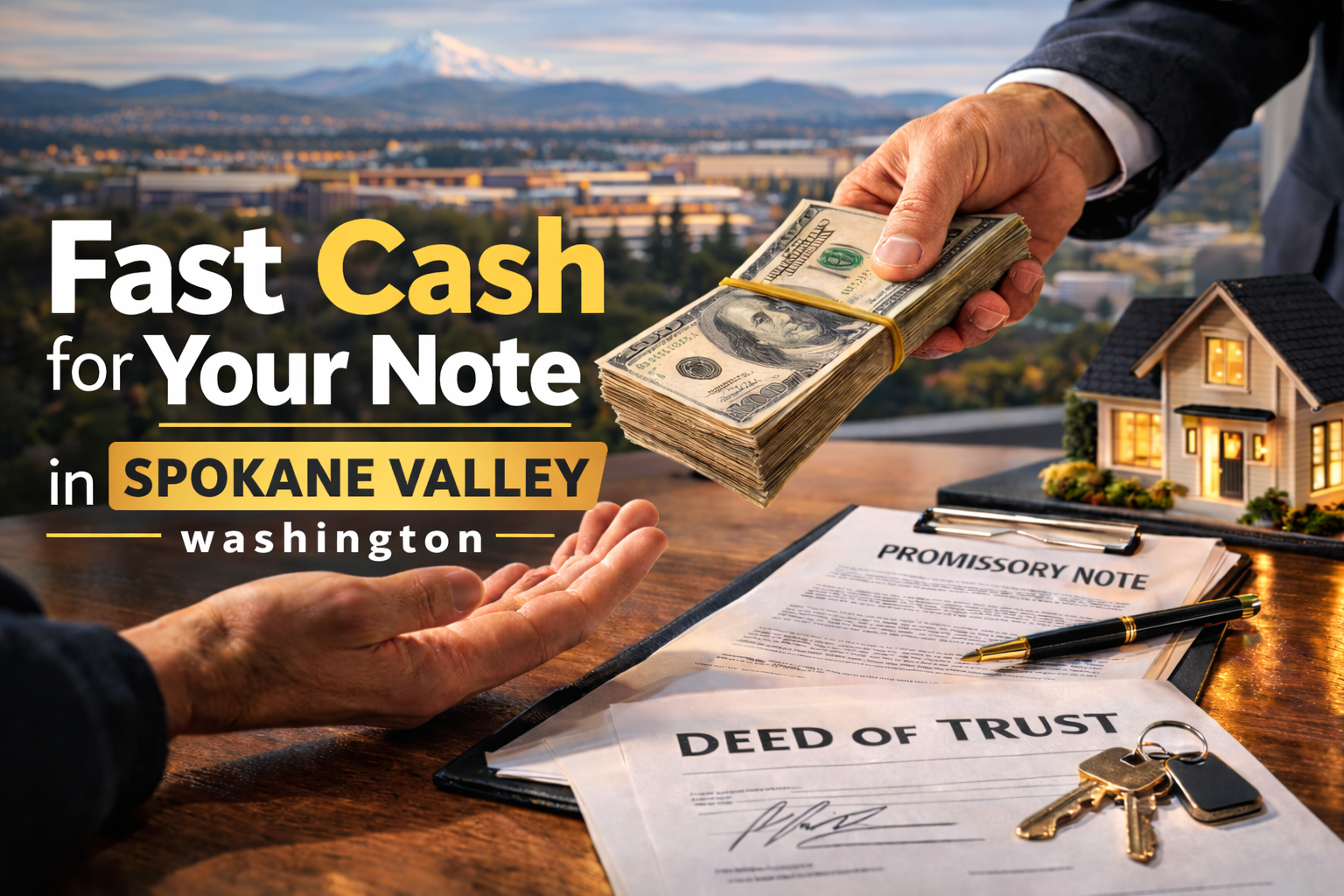 Cash exchange for promissory note and deed of trust during a real estate note sale in Spokane Valley Washington.