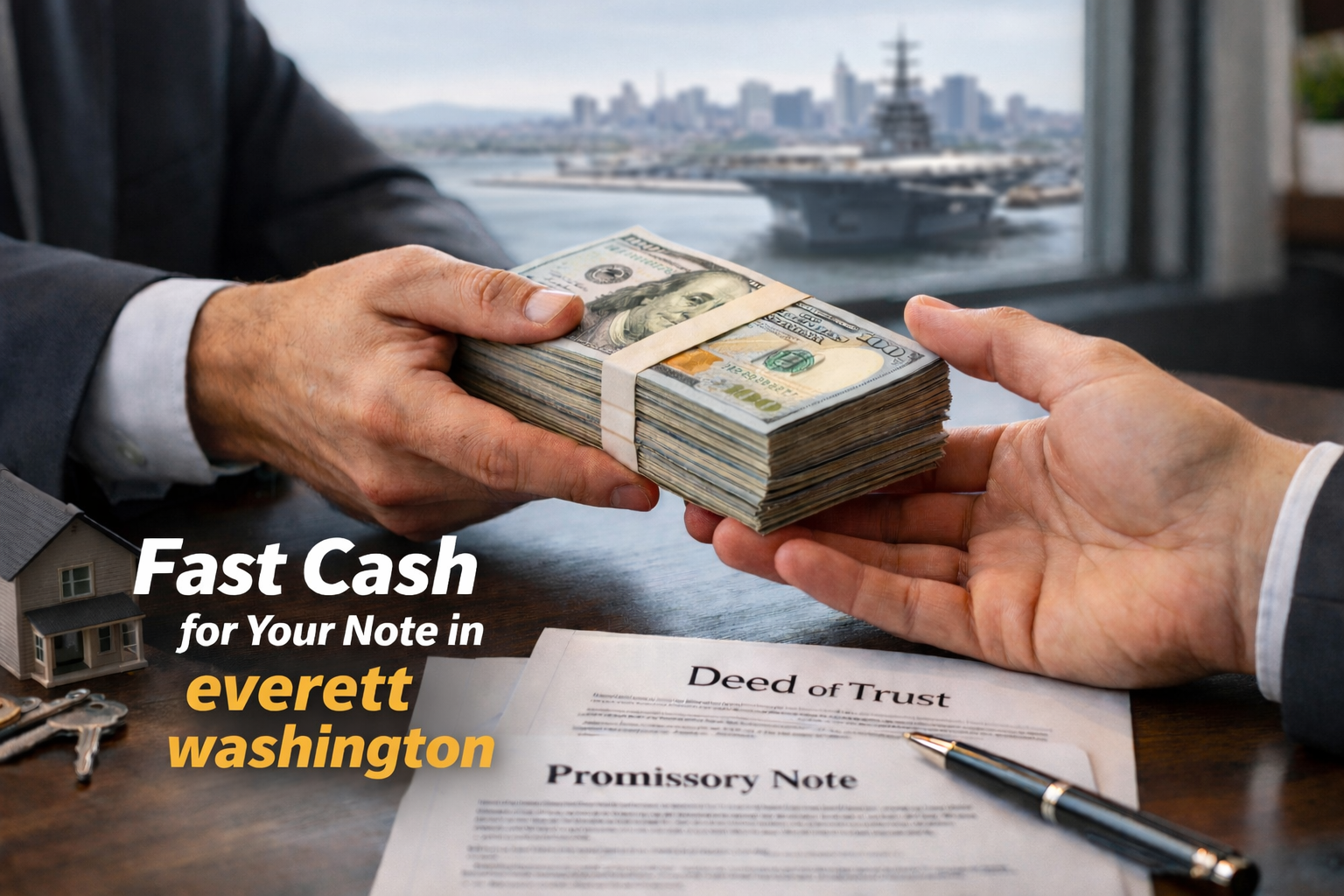 Cash exchange for promissory note and deed of trust during a real estate note sale in Everett Washington.