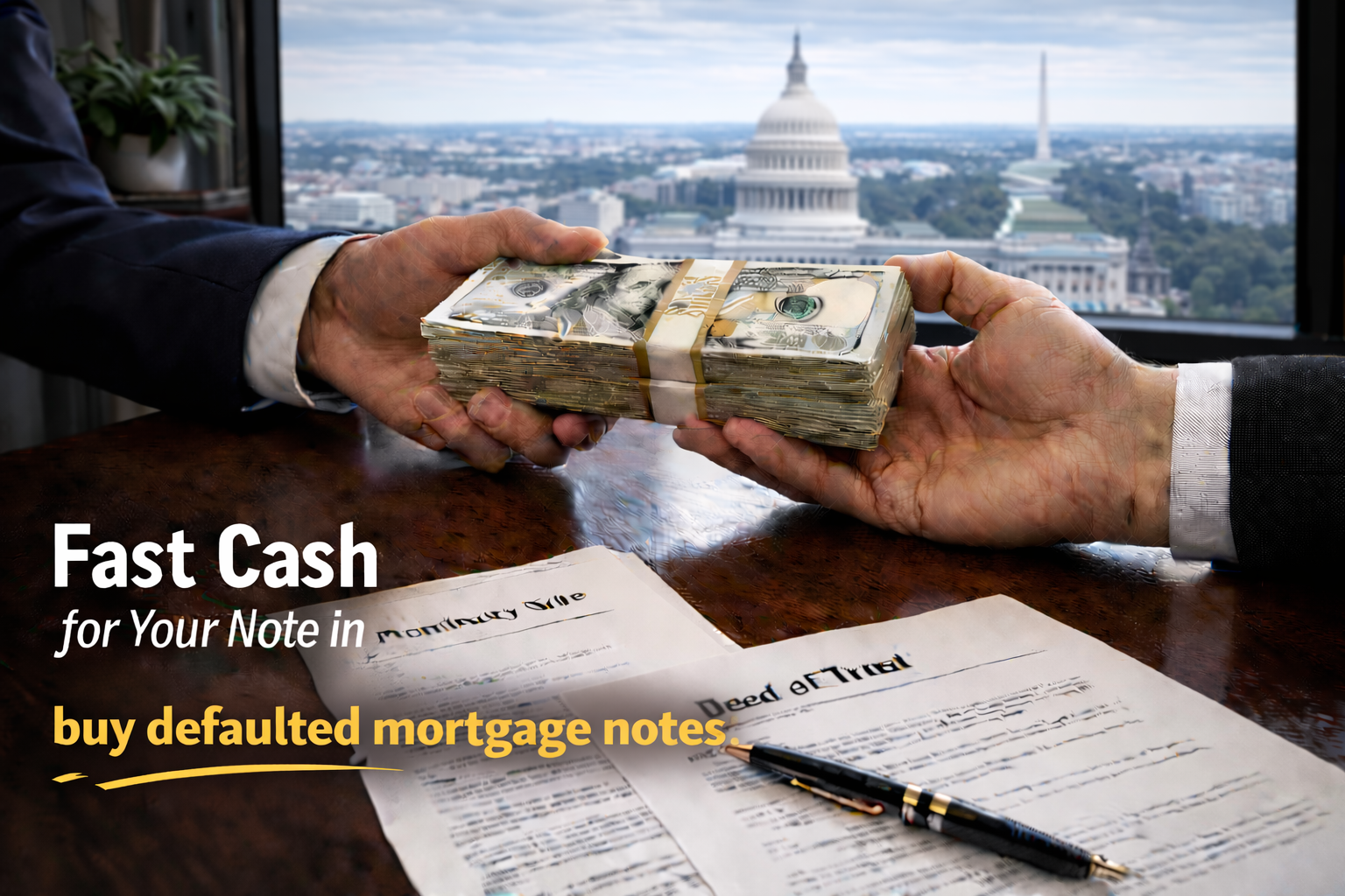 Cash exchange for promissory note and deed of trust for buyers of defaulted mortgage notes.