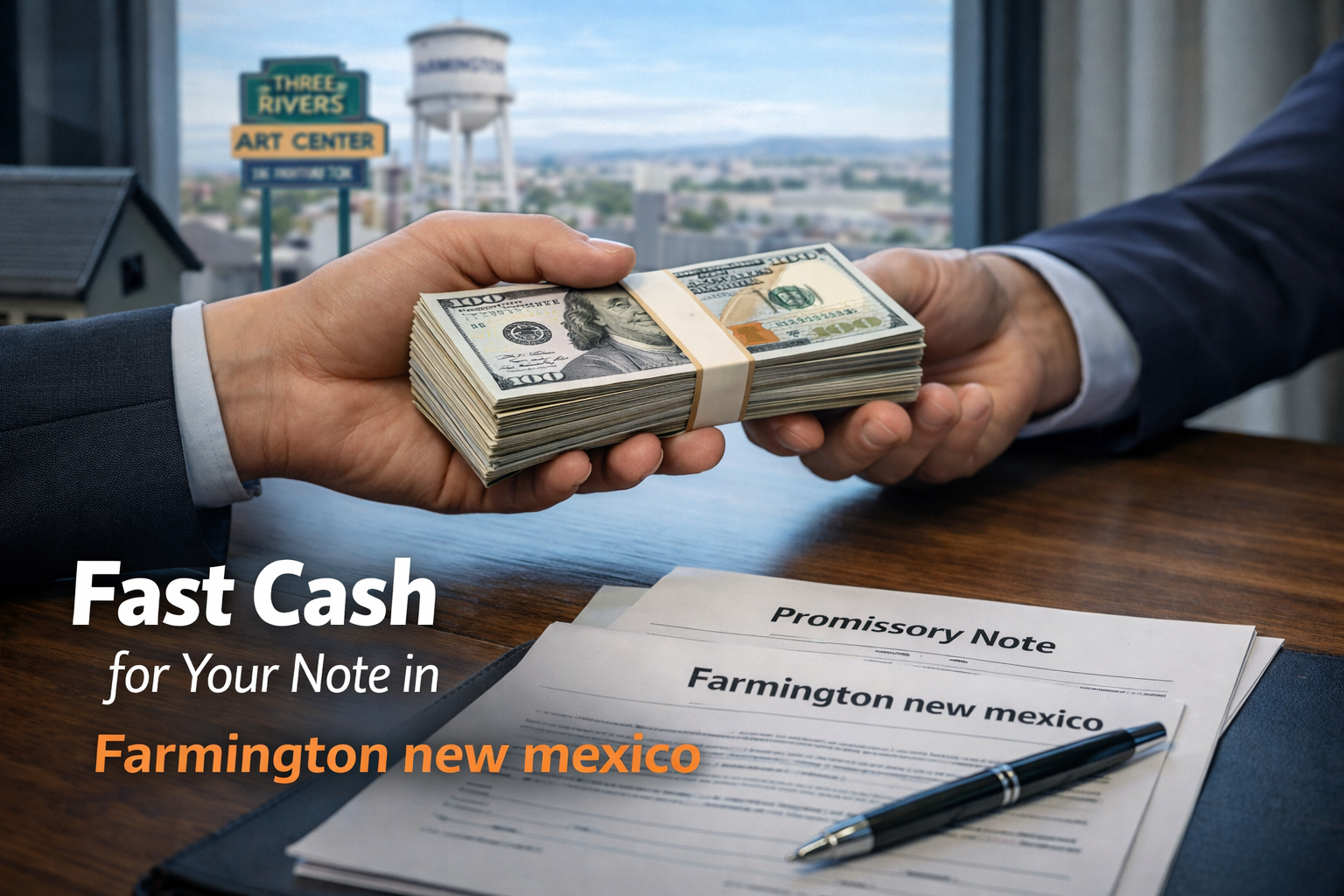 Cash exchange for promissory note and deed of trust during a real estate note sale in Farmington New Mexico.