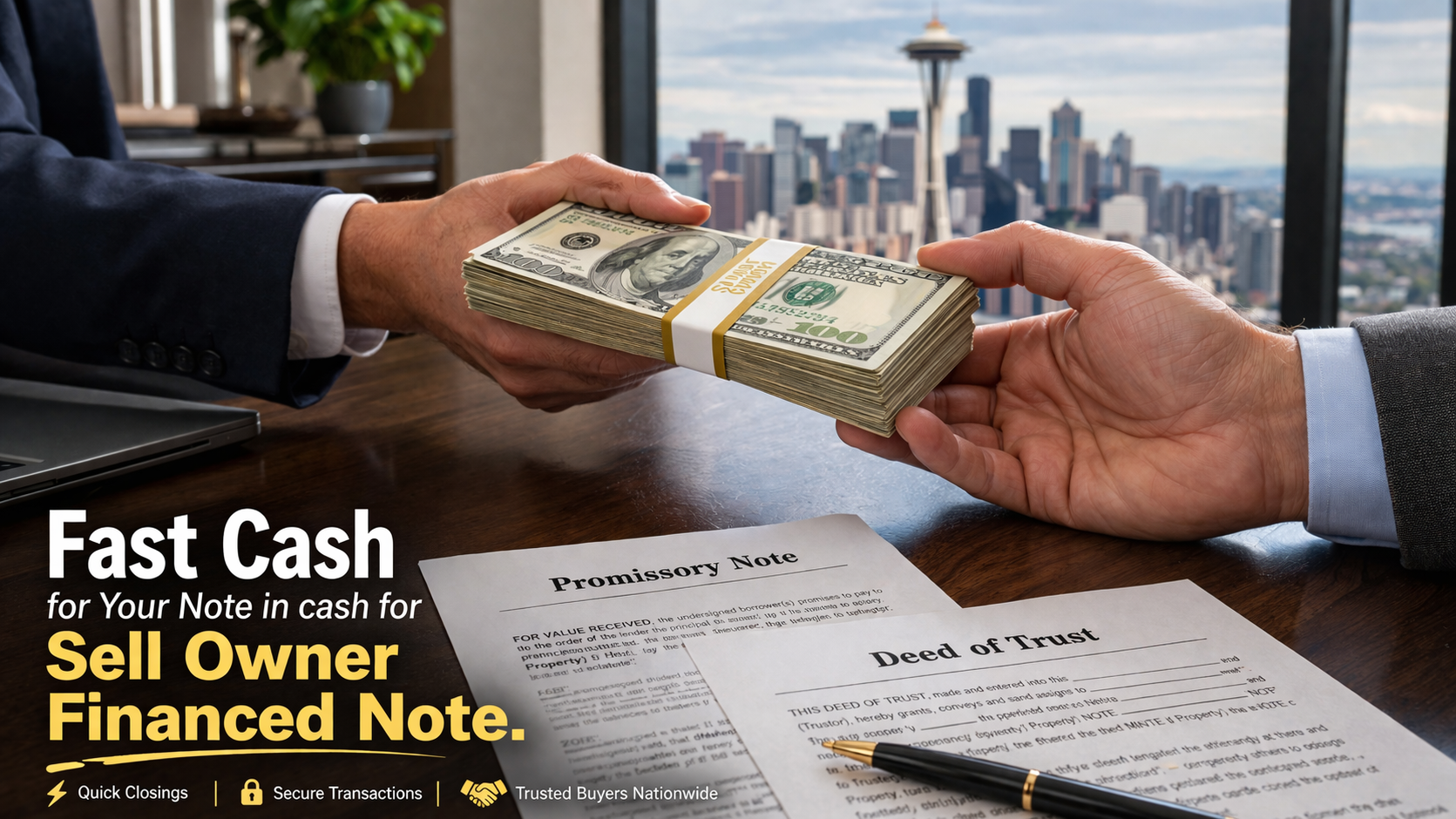 Cash exchange for promissory note and deed of trust for sellers looking to sell an owner financed note.