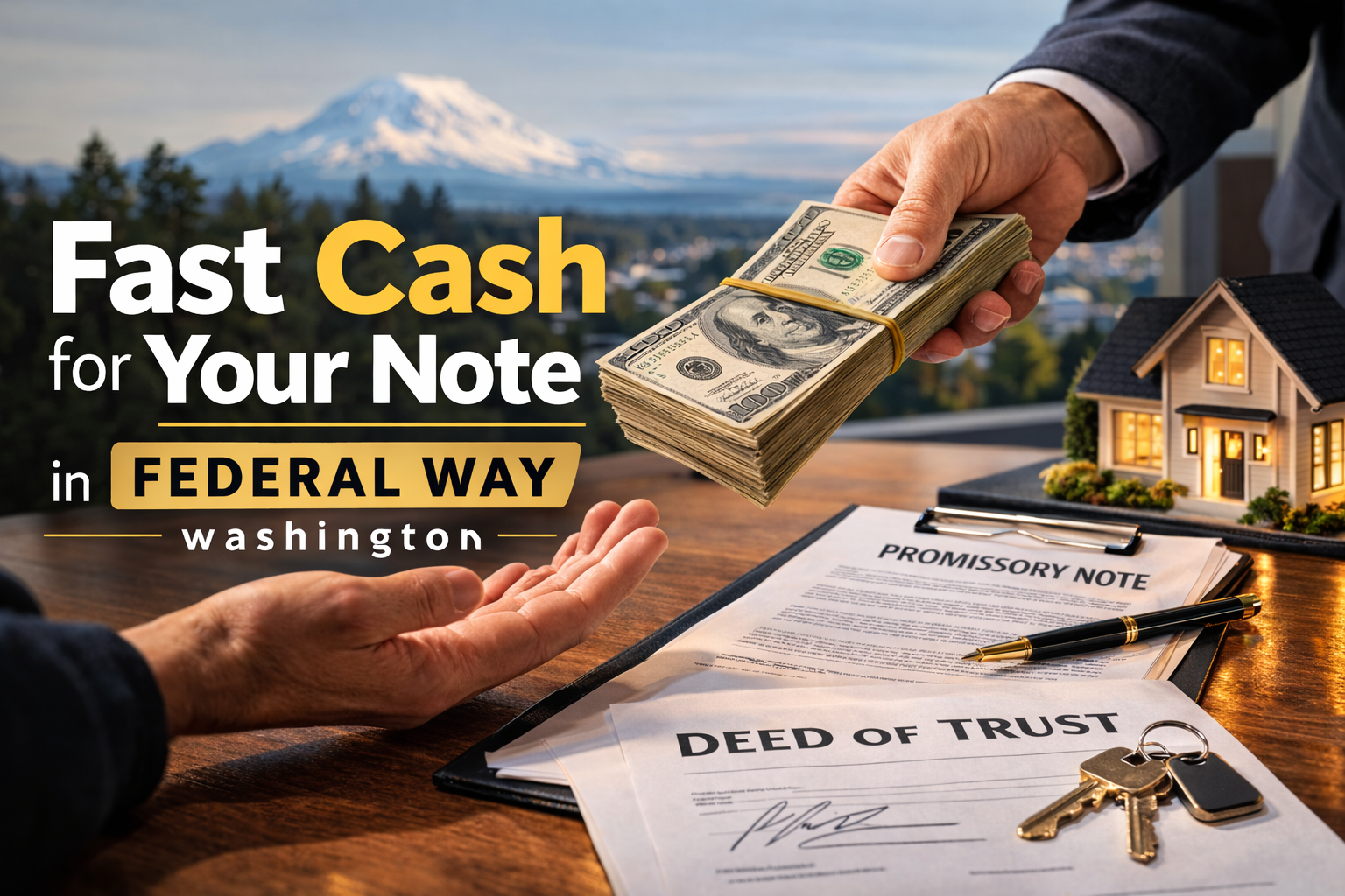Cash exchange for promissory note and deed of trust during a real estate note sale in Federal Way Washington.