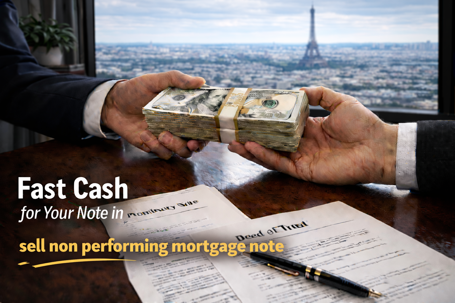 Cash exchange for promissory note and deed of trust for sellers of non performing mortgage note.