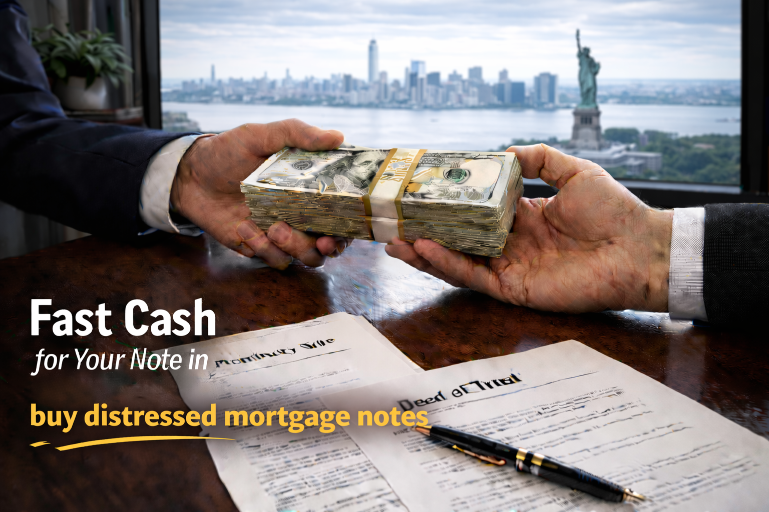 Cash exchange for promissory note and deed of trust for buyers of distressed mortgage notes.