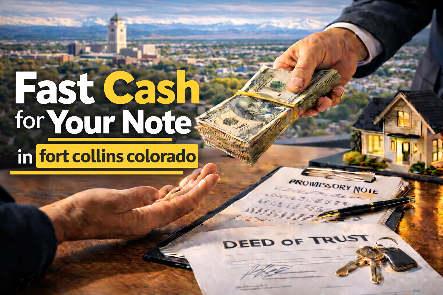 Cash exchange for promissory note and deed of trust during a real estate note sale in Fort Collins Colorado.