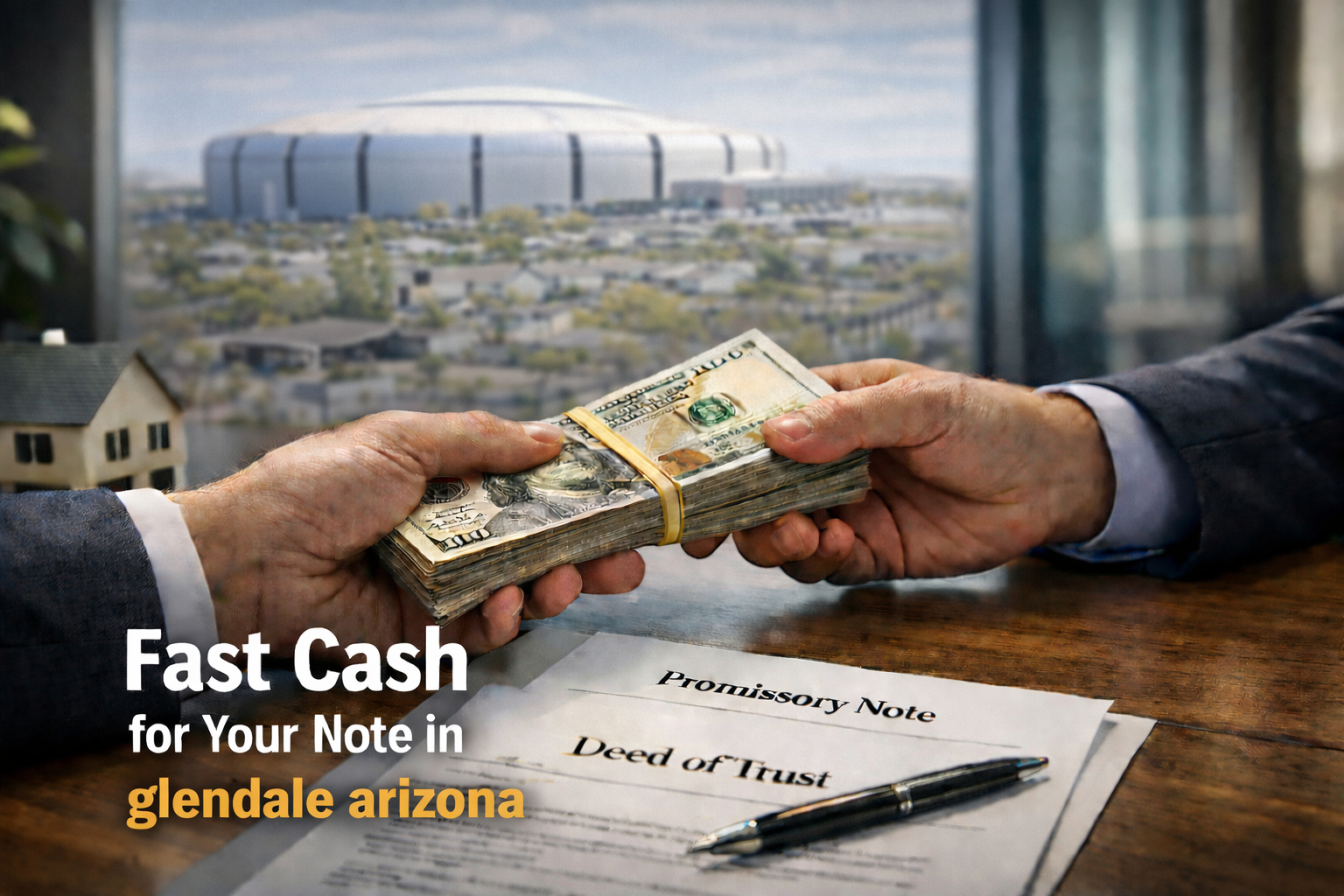 Cash exchange for promissory note and deed of trust during a real estate note sale in Glendale Arizona.