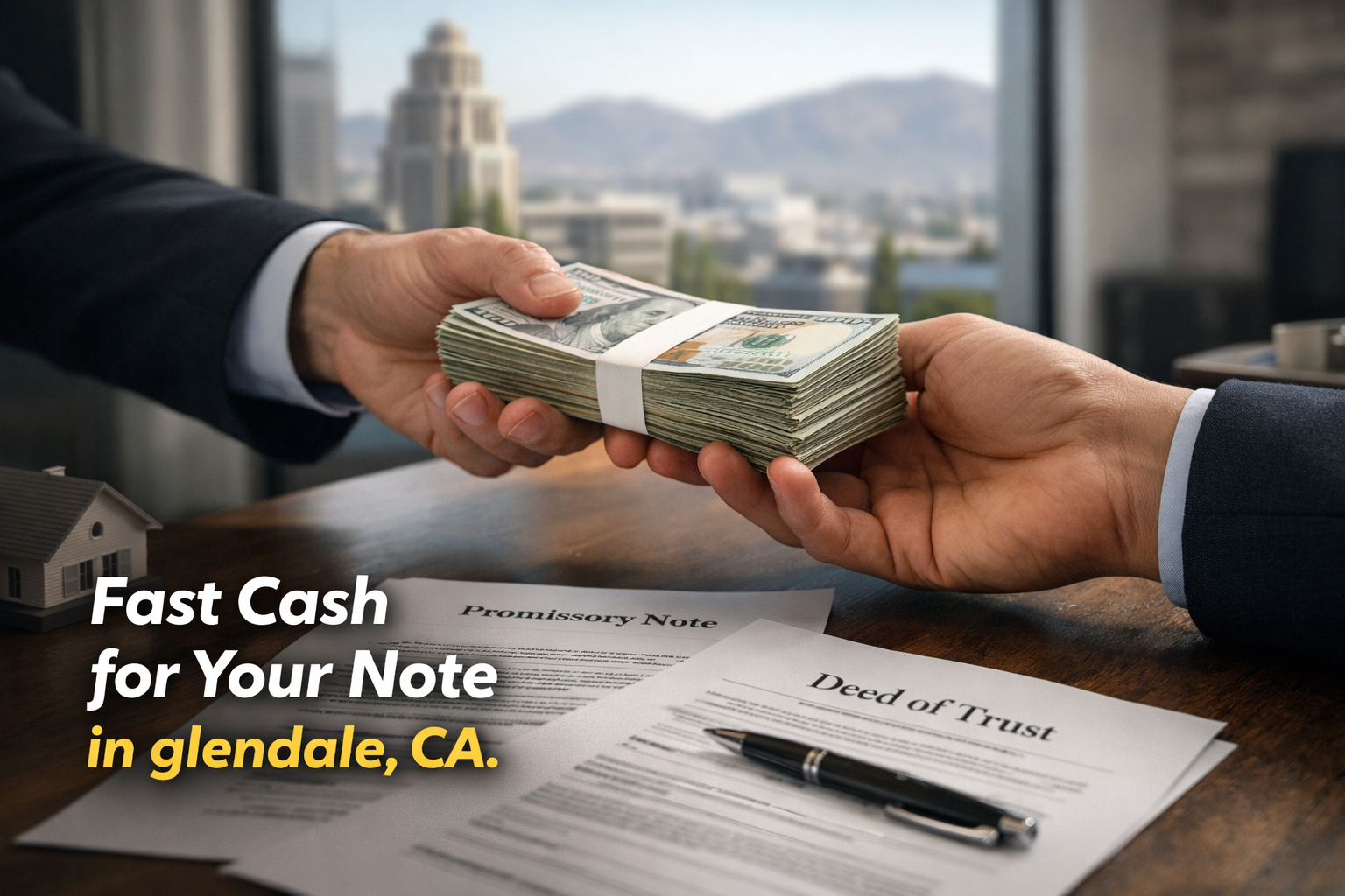 Cash exchange for promissory note and deed of trust during a real estate note sale in Glendale, CA.