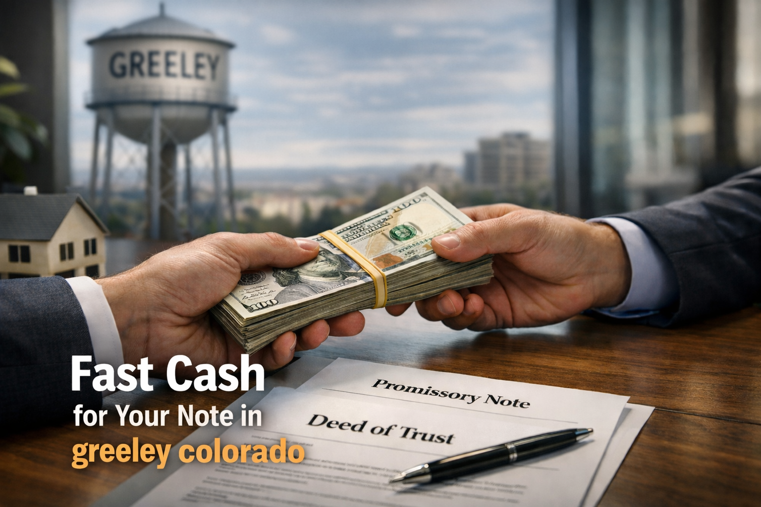 Cash exchange for promissory note and deed of trust during a real estate note sale in Greeley Colorado.
