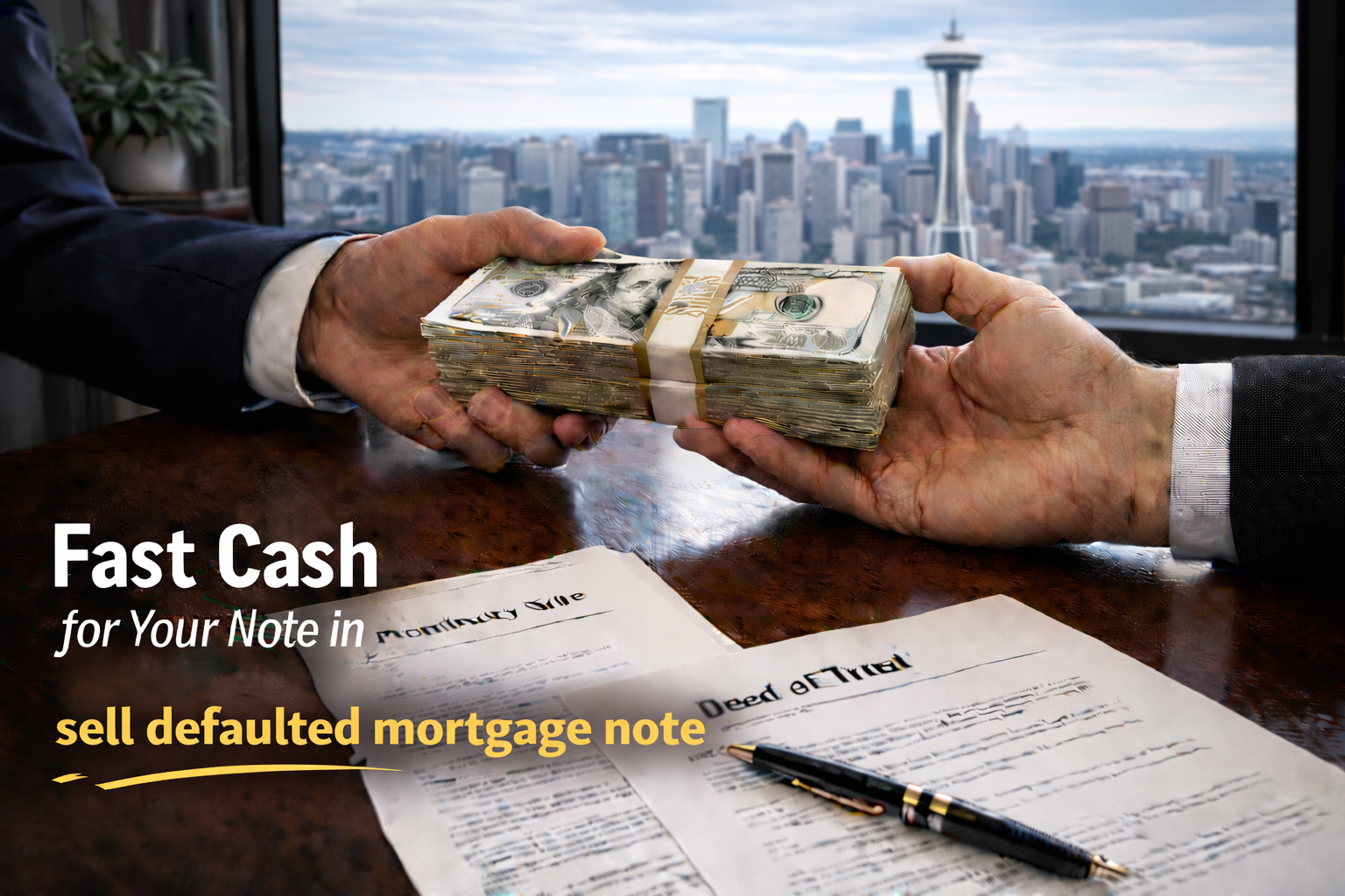 Cash exchange for promissory note and deed of trust for sellers of defaulted mortgage note.