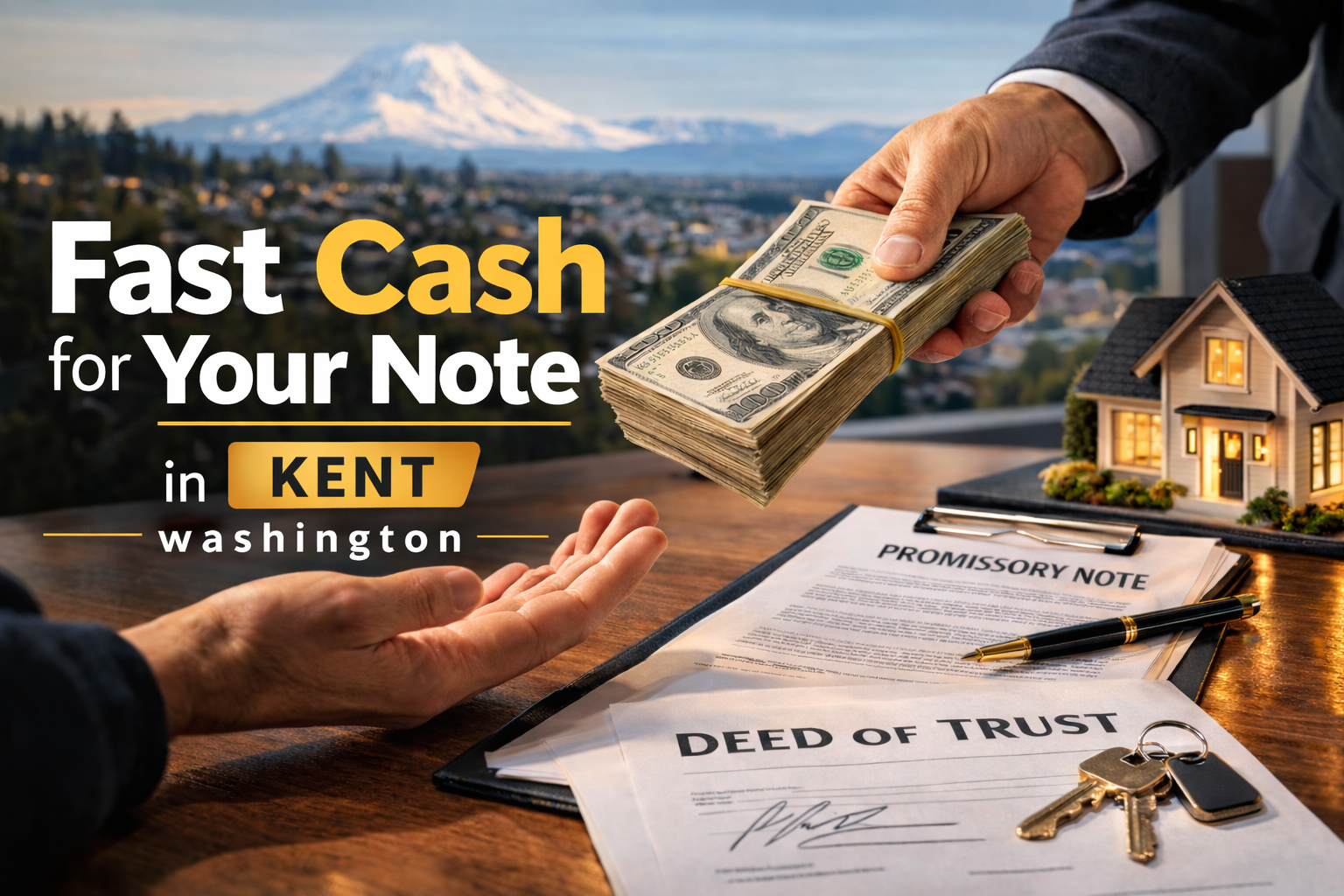 Cash exchange for promissory note and deed of trust during a real estate note sale in Kent Washington.