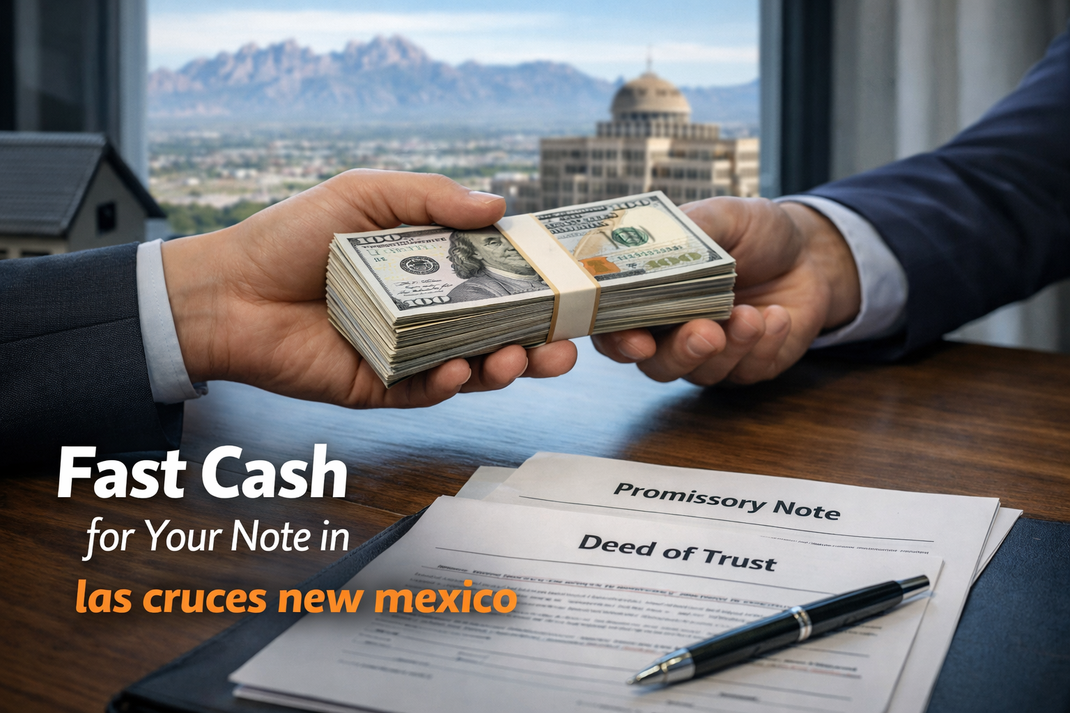 Cash exchange for promissory note and deed of trust during a real estate note sale in Las Cruces New Mexico.