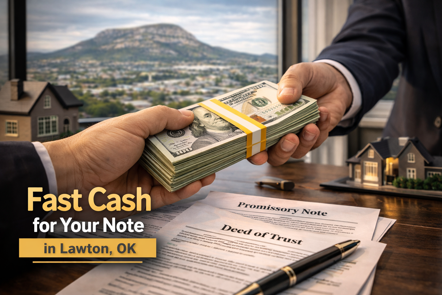 Cash exchange for promissory note and deed of trust during a real estate note sale in lawton, OK.