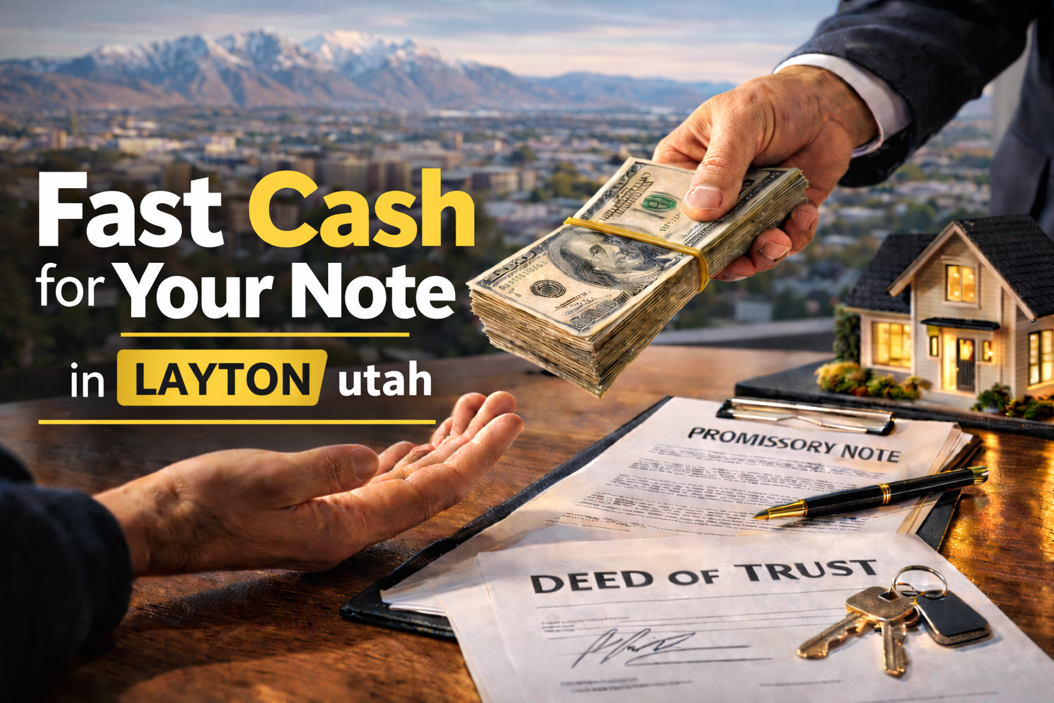 Cash exchange for promissory note and deed of trust during a real estate note sale in Layton Utah.