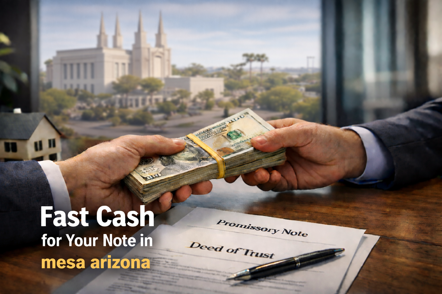 Cash exchange for promissory note and deed of trust during a real estate note sale in Mesa Arizona.