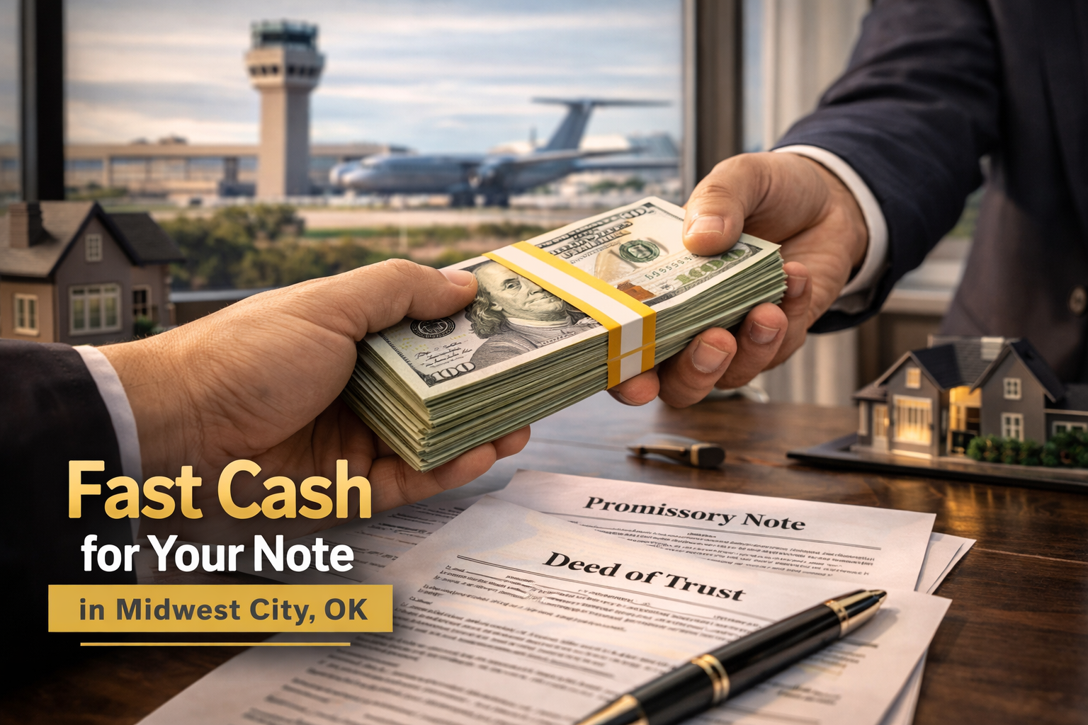 Cash exchange for promissory note and deed of trust during a real estate note sale in Midwest City, OK.