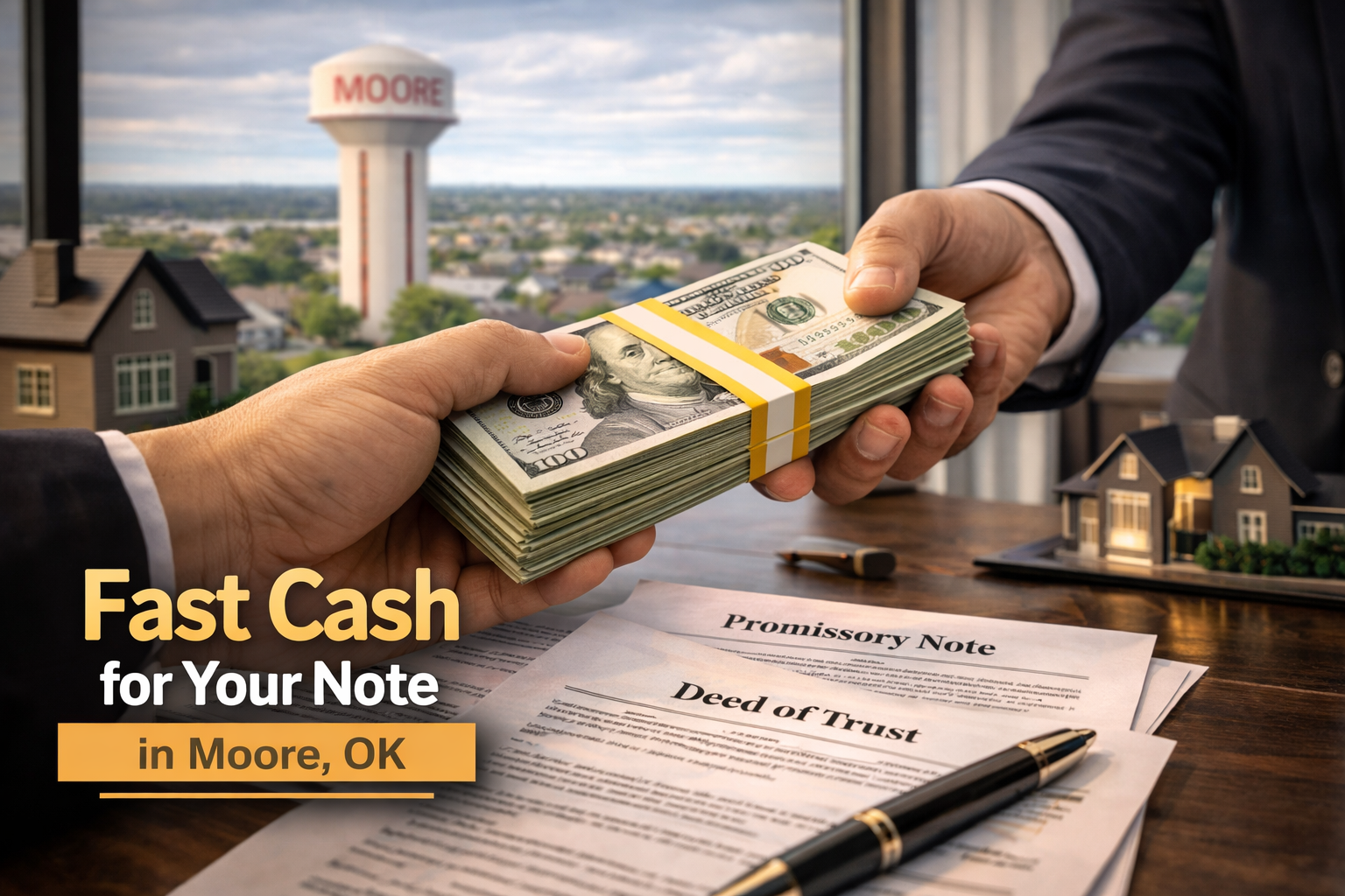 Cash exchange for promissory note and deed of trust during a real estate note sale in moore, OK.