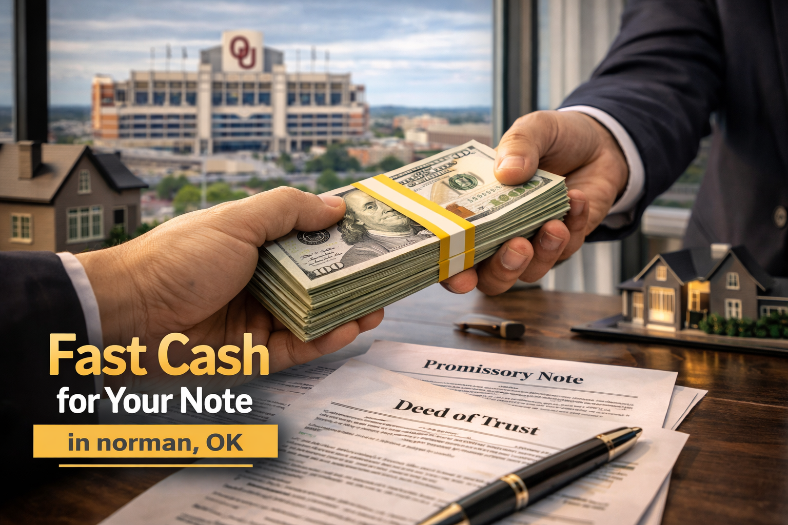 Cash exchange for promissory note and deed of trust during a real estate note sale in Norman, OK.