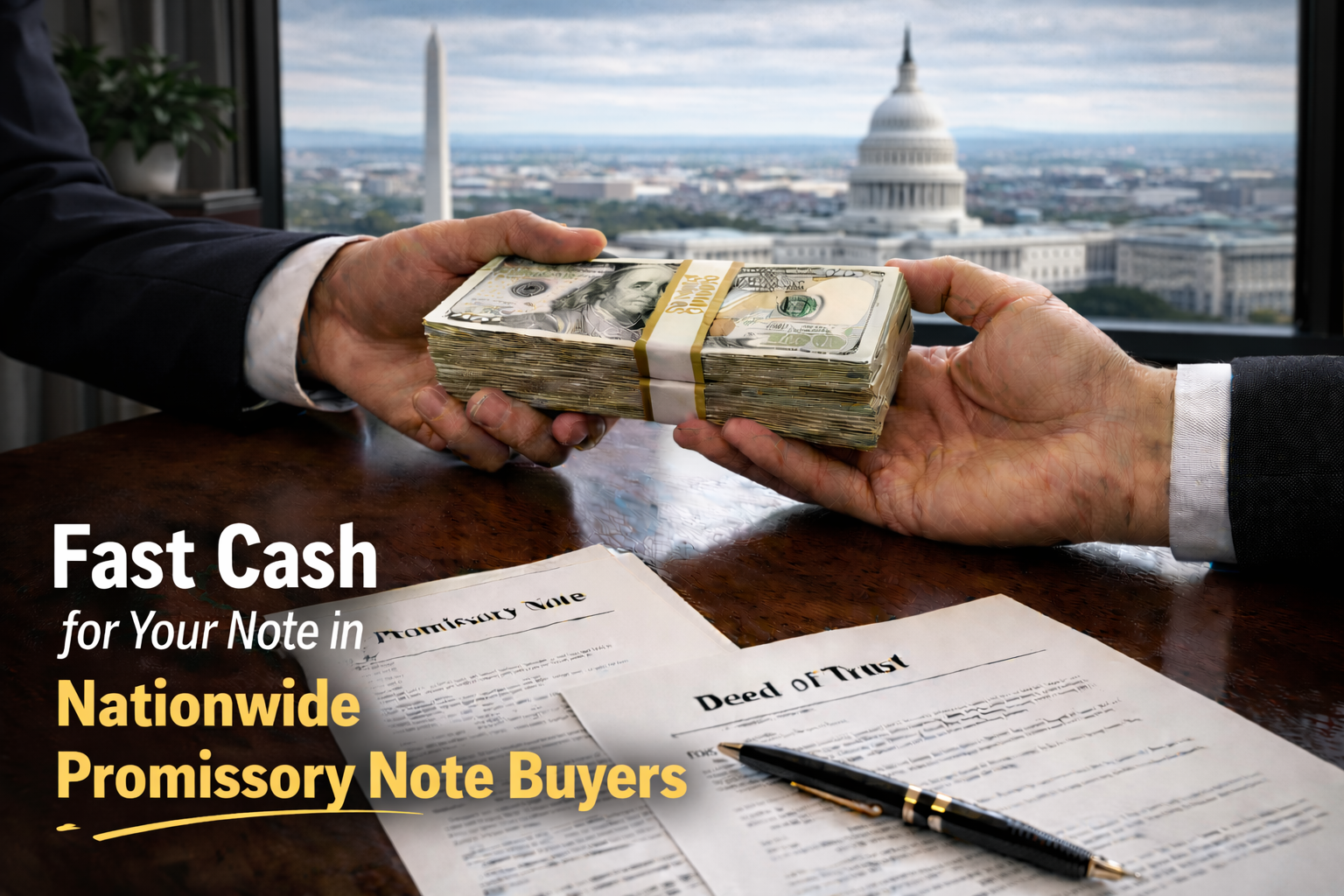 Cash exchange for promissory note and deed of trust for sellers seeking a nationwide promissory note buyer.