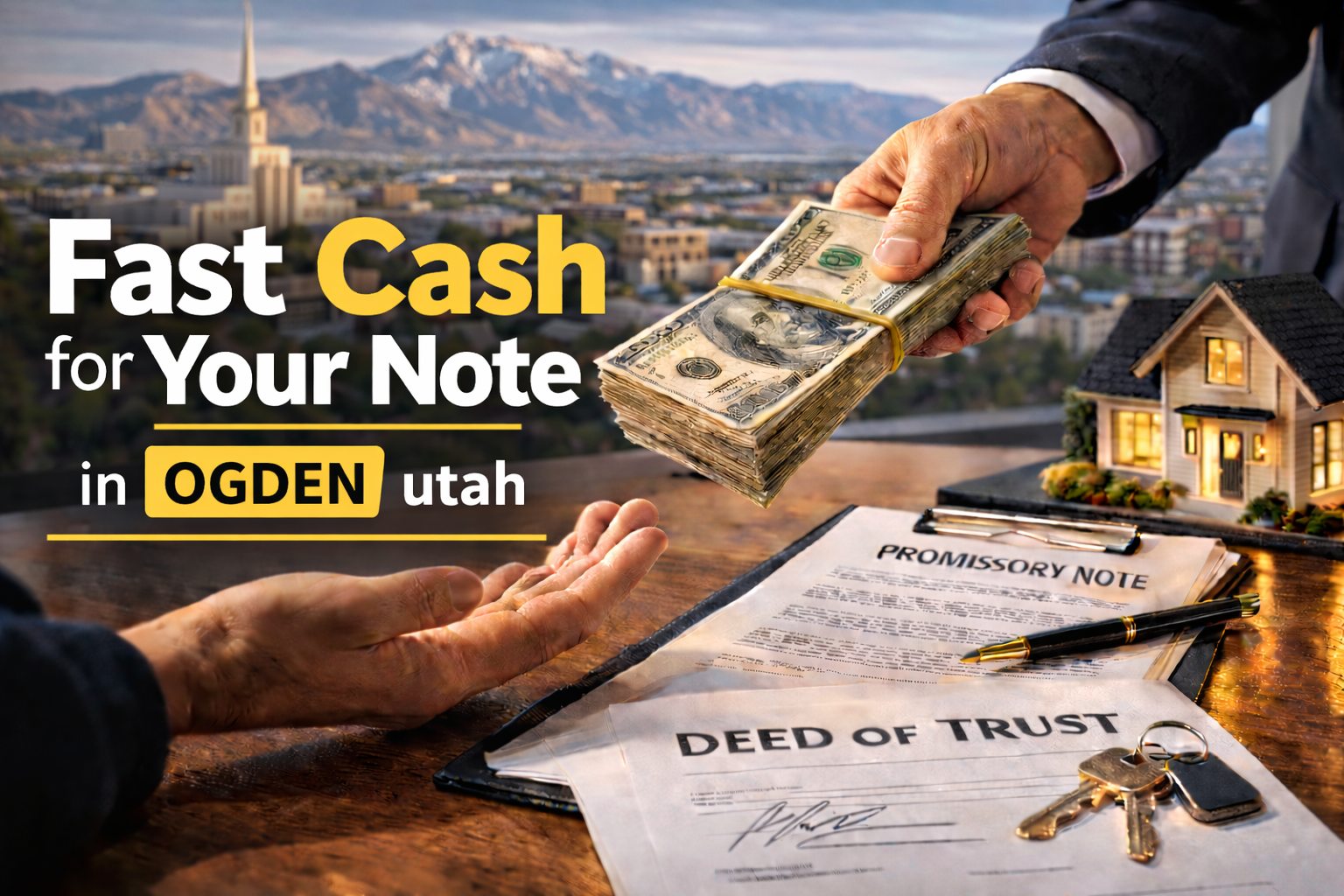 Cash exchange for promissory note and deed of trust during a real estate note sale in Ogden Utah.