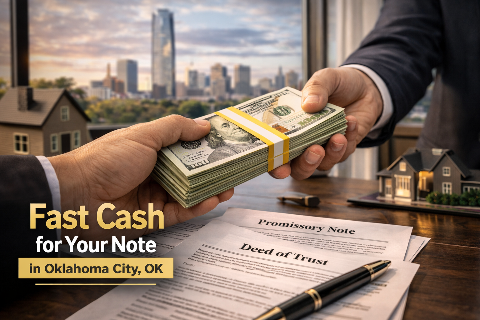 Cash exchange for promissory note and deed of trust during a real estate note sale in Oklahoma City, OK.