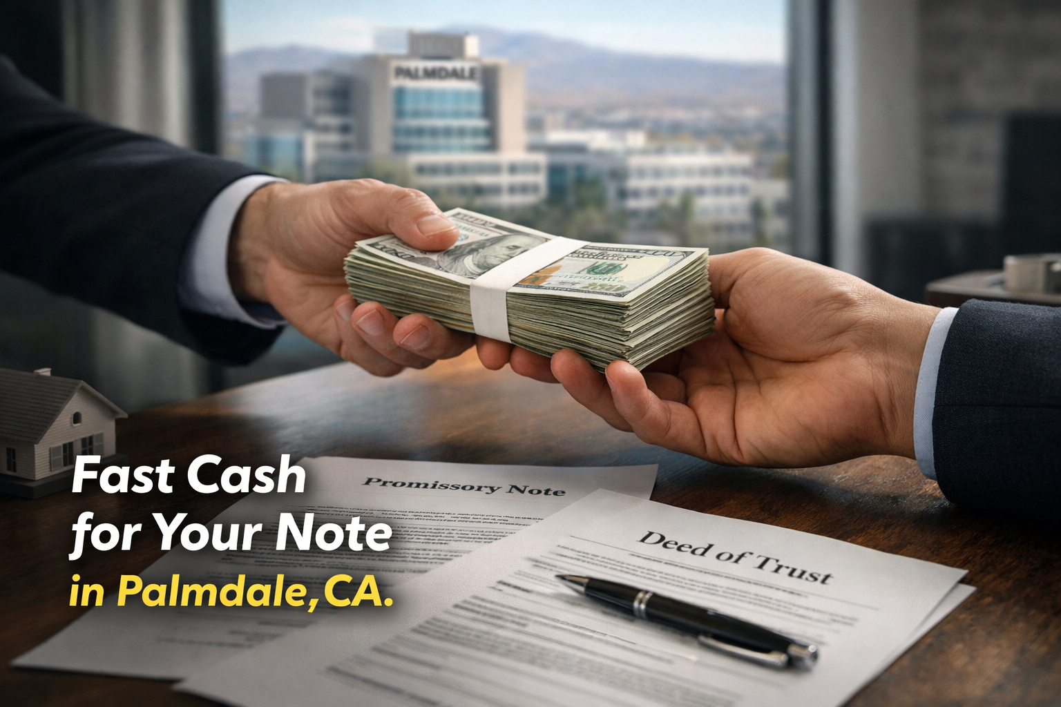 Cash exchange for promissory note and deed of trust during a real estate note sale in Palmdale, CA.