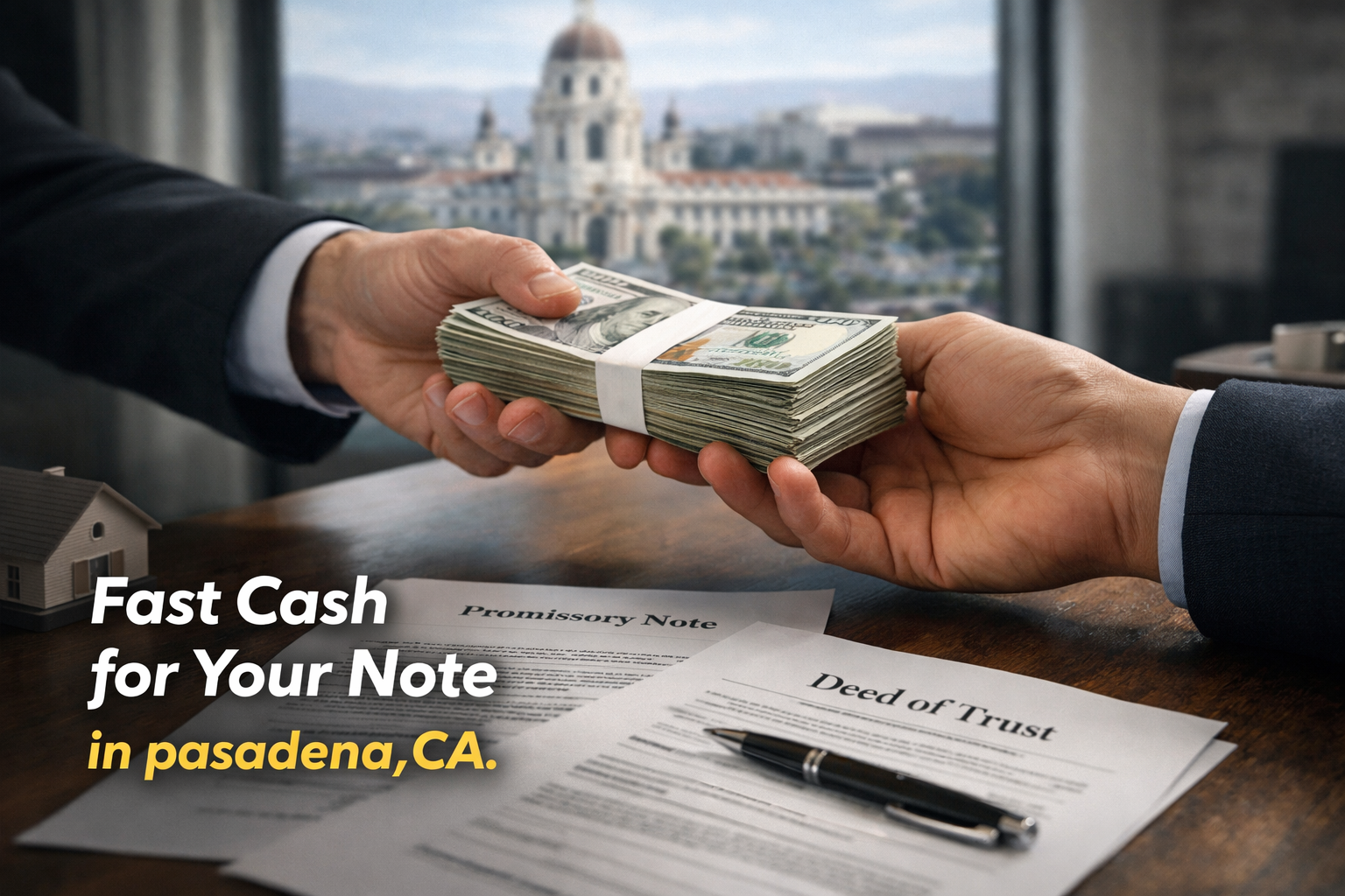 Cash exchange for promissory note and deed of trust during a real estate note sale in Pasadena, CA.