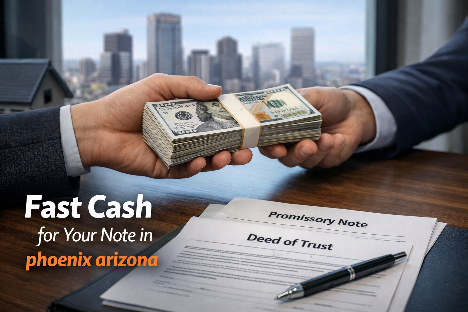 Cash exchange for promissory note and deed of trust during a real estate note sale in Phoenix Arizona.