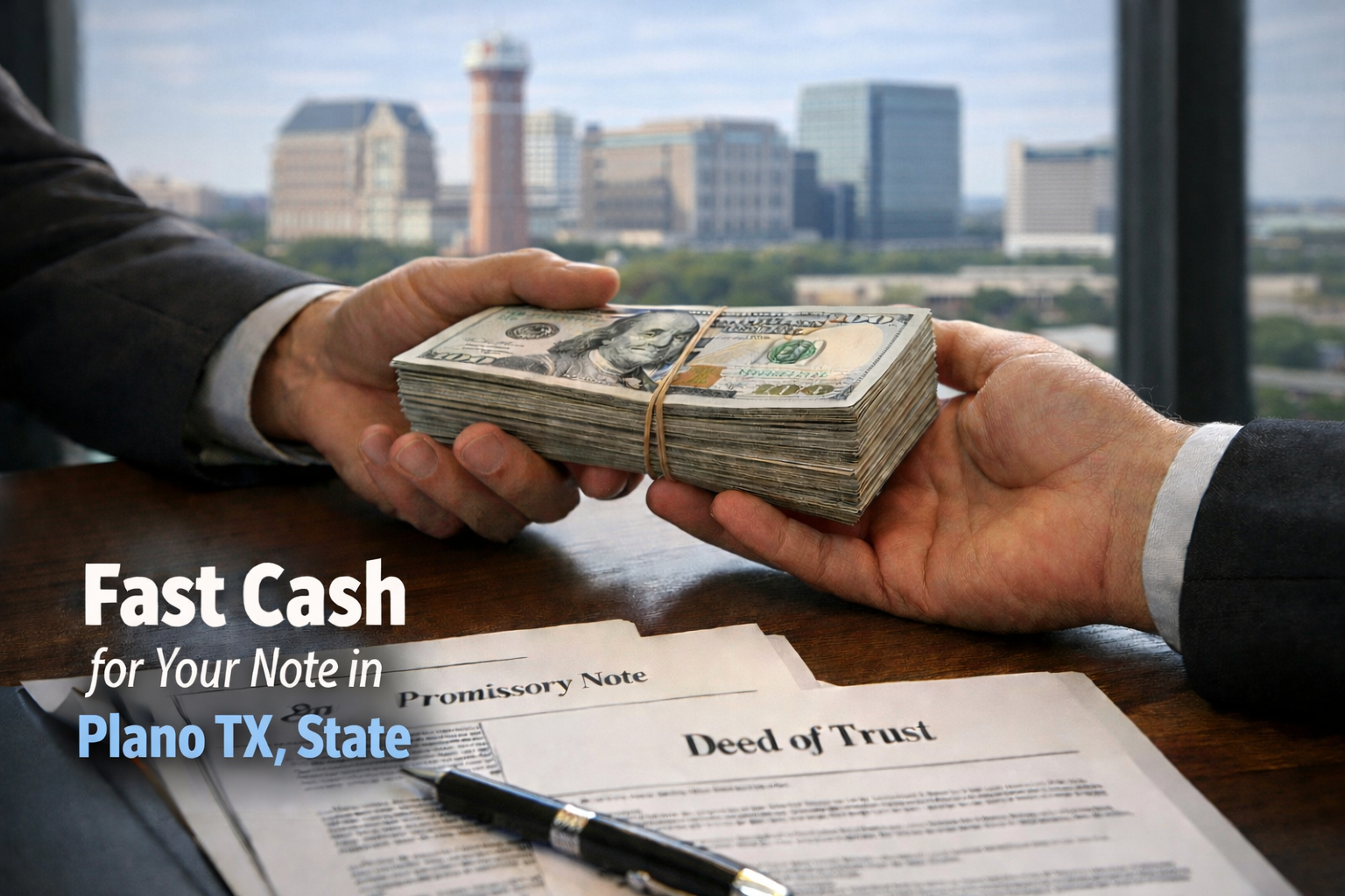 Cash exchange for promissory note and deed of trust during a real estate note sale in Plano Texas.